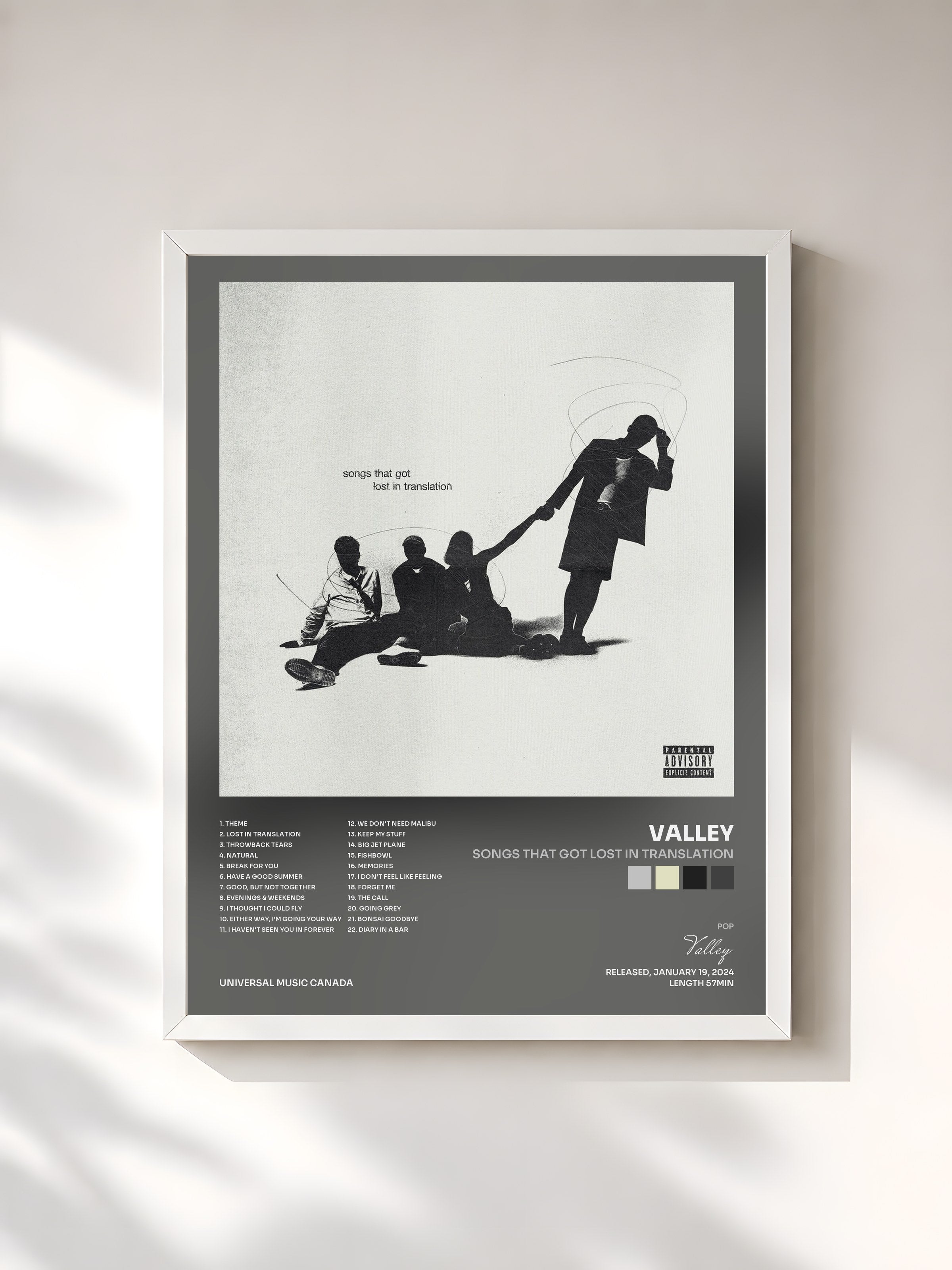 #blanc Tableau de l'album songs that got lost in translation de Valley, cadre blanc, imprimé et encadré en France