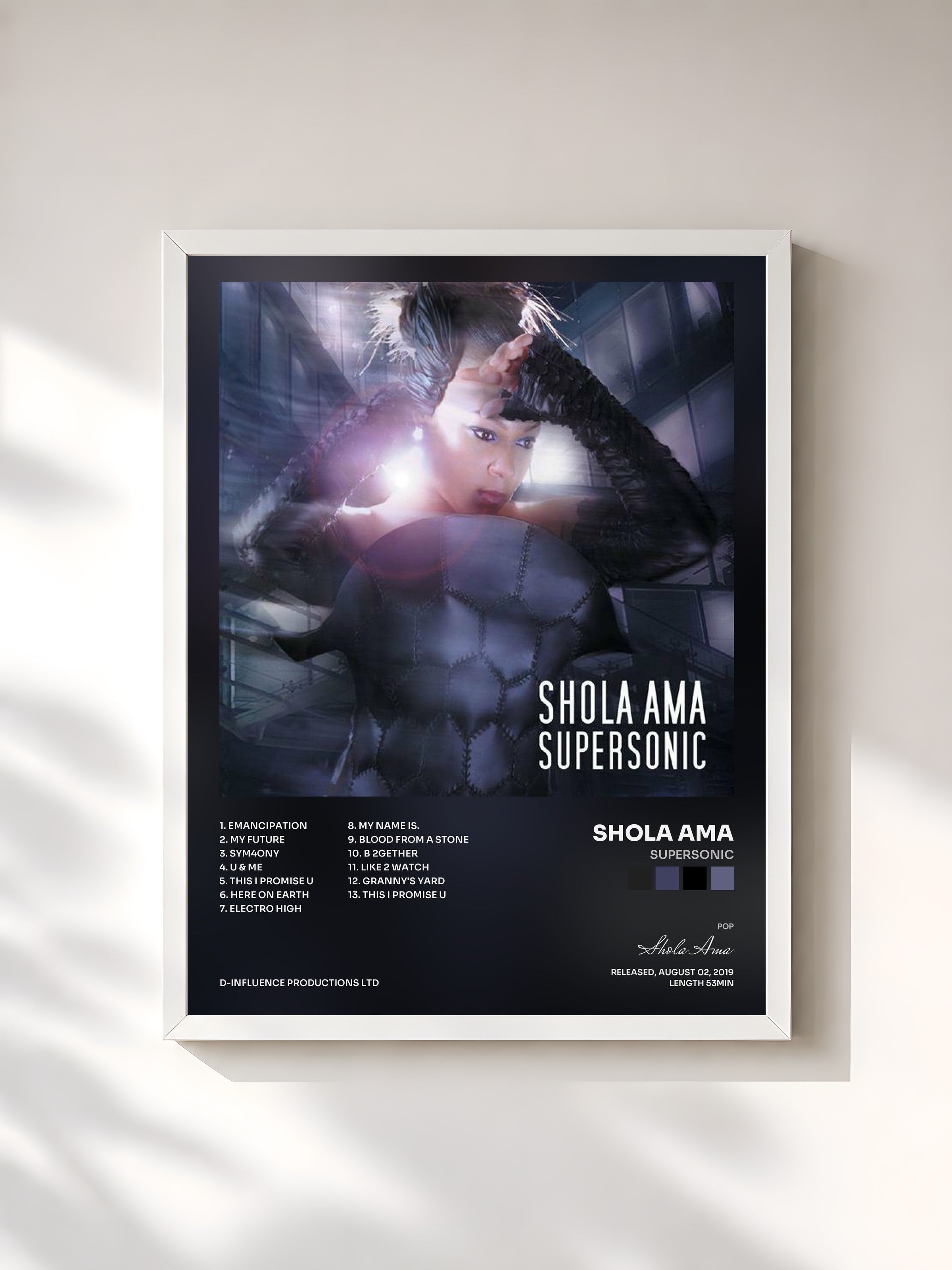 #blanc Tableau de l'album Supersonic de Shola Ama, cadre blanc, imprimé et encadré en France