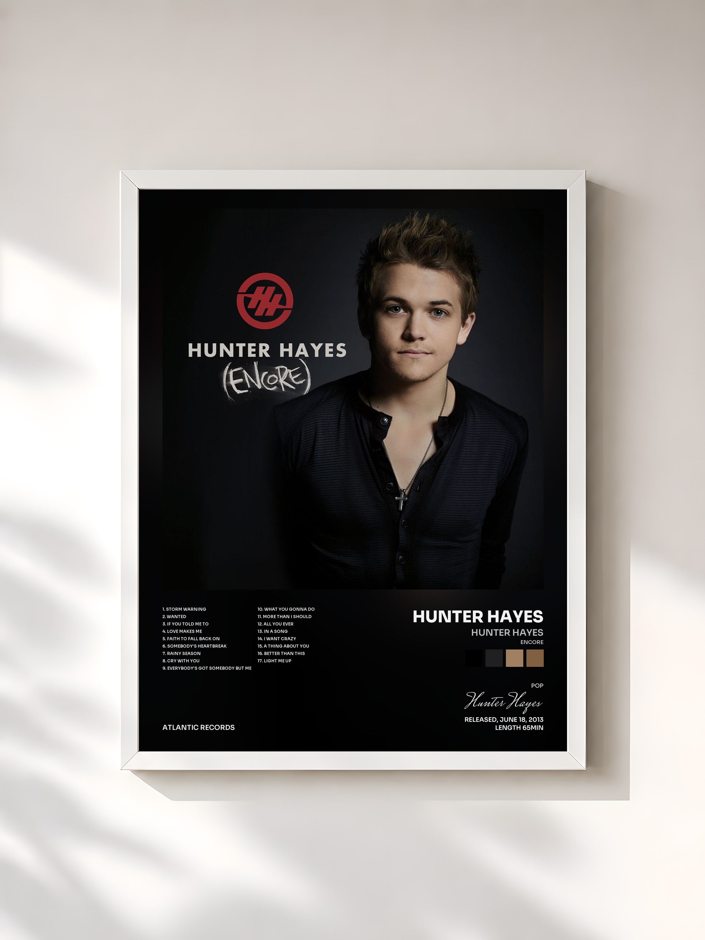 #blanc Tableau de l'album Hunter Hayes (Encore) de Hunter Hayes, cadre blanc, imprimé et encadré en France