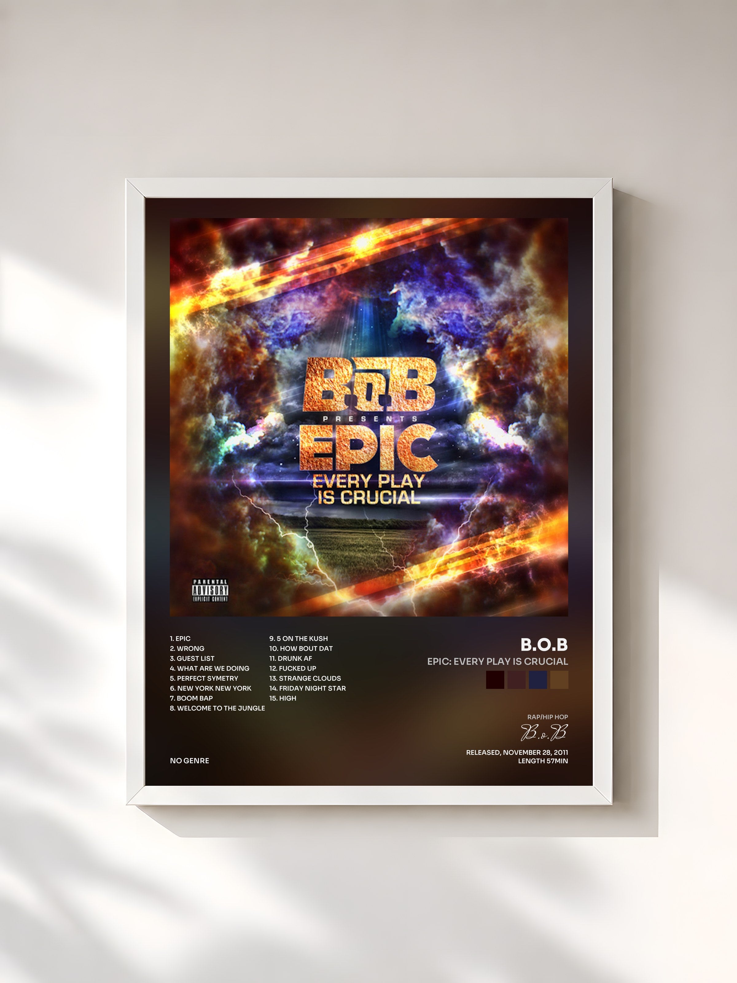 #blanc Tableau de l'album EPIC: Every Play Is Crucial de B.o.B, cadre blanc, imprimé et encadré en France
