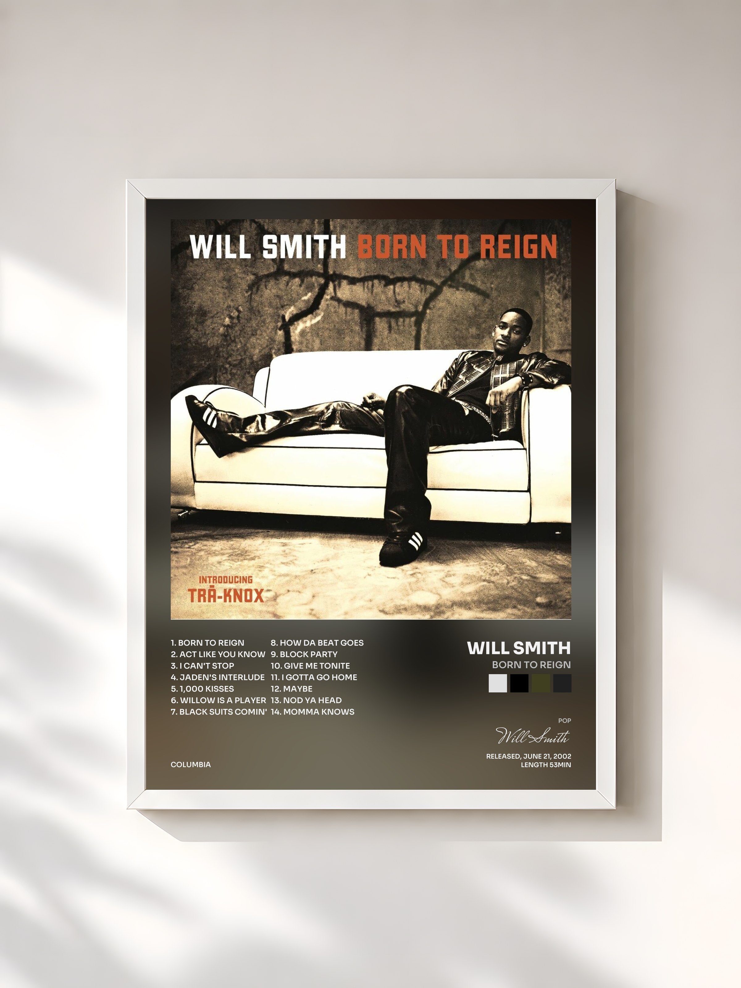 #blanc Tableau de l'album Born To Reign de Will Smith, cadre blanc, imprimé et encadré en France