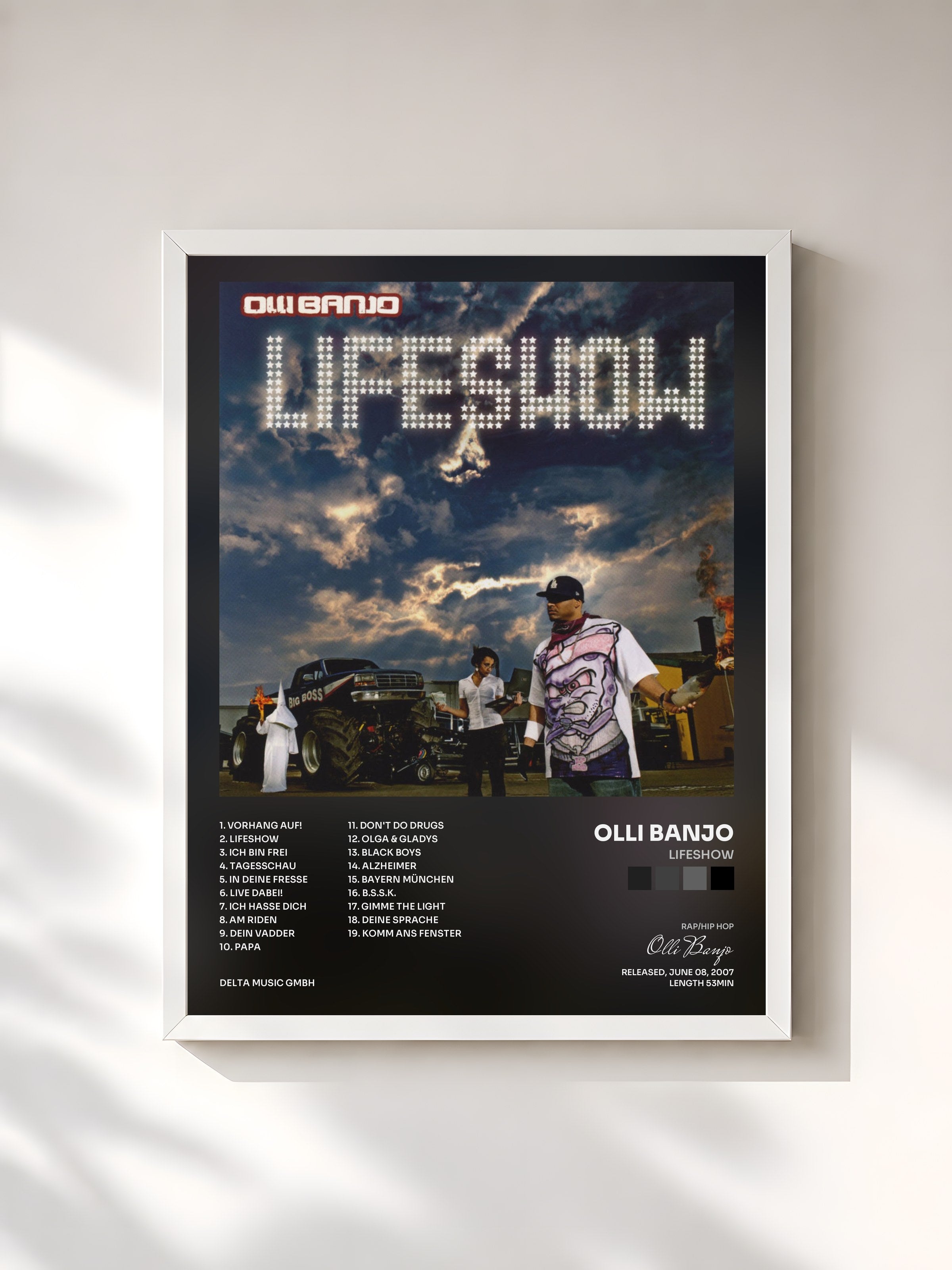 #blanc Tableau de l'album Lifeshow de Olli Banjo, cadre blanc, imprimé et encadré en France