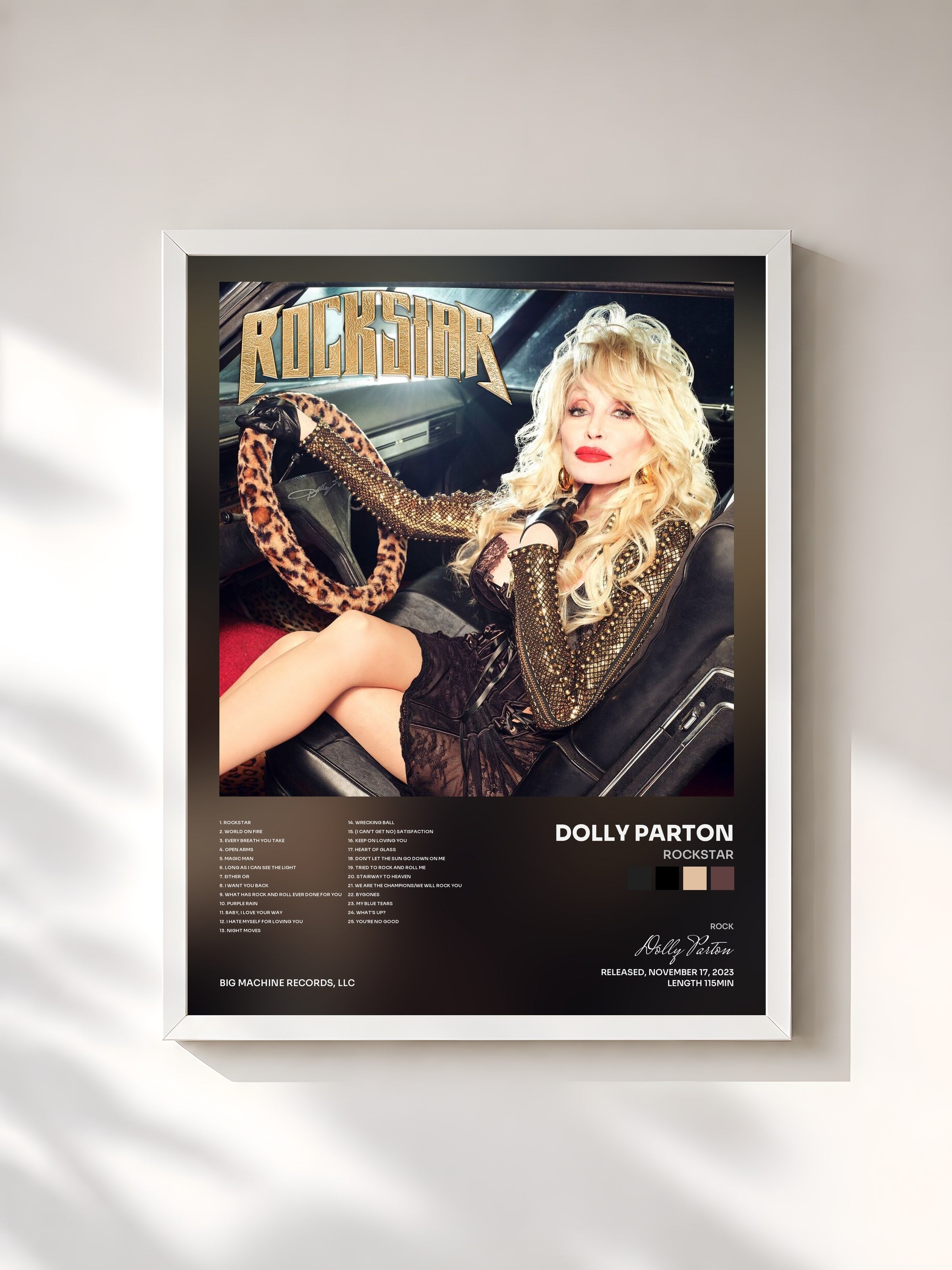 #blanc Tableau de l'album Rockstar de Dolly Parton, cadre blanc, imprimé et encadré en France