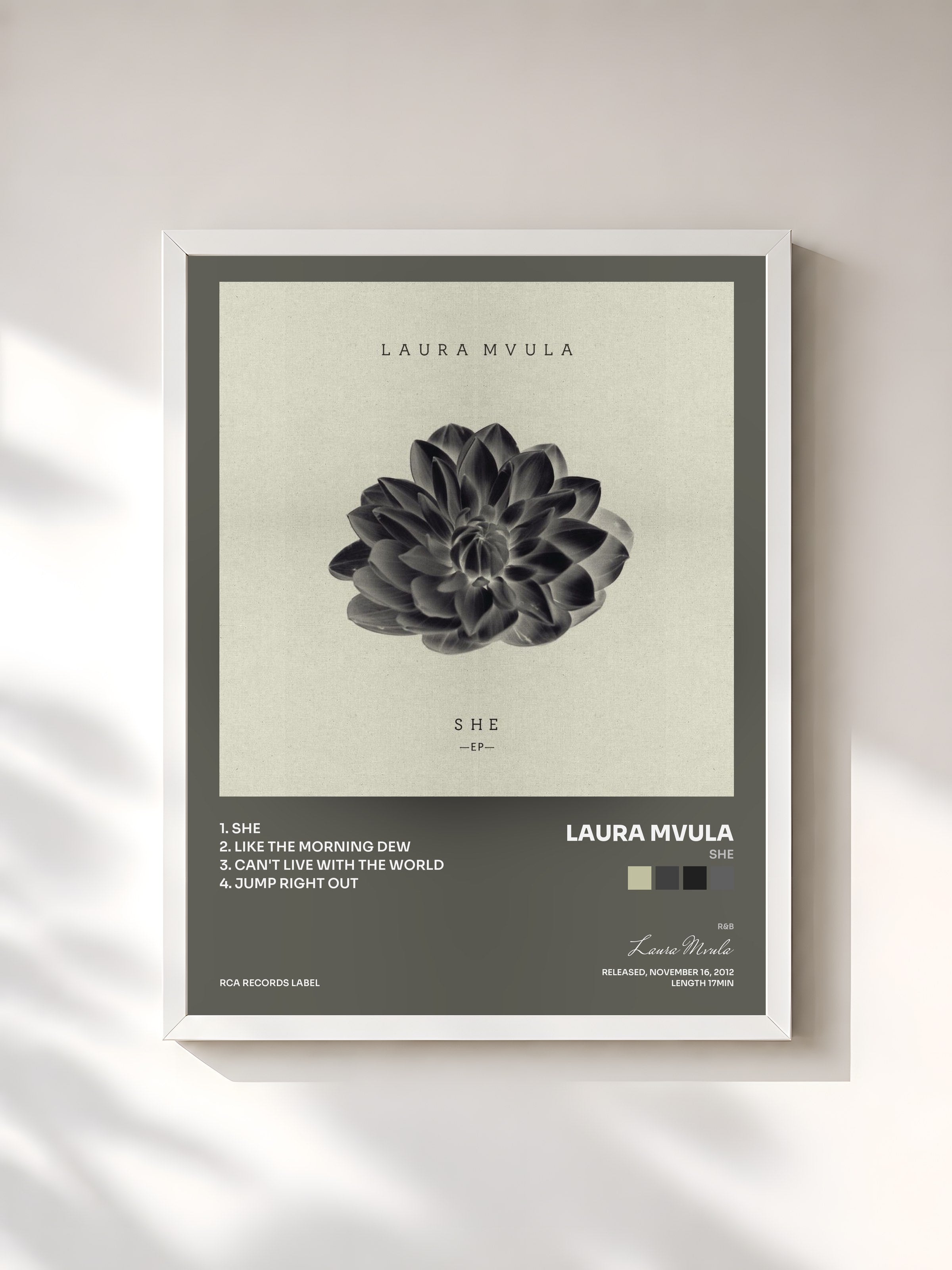 #blanc Tableau de l'album She de Laura Mvula, cadre blanc, imprimé et encadré en France