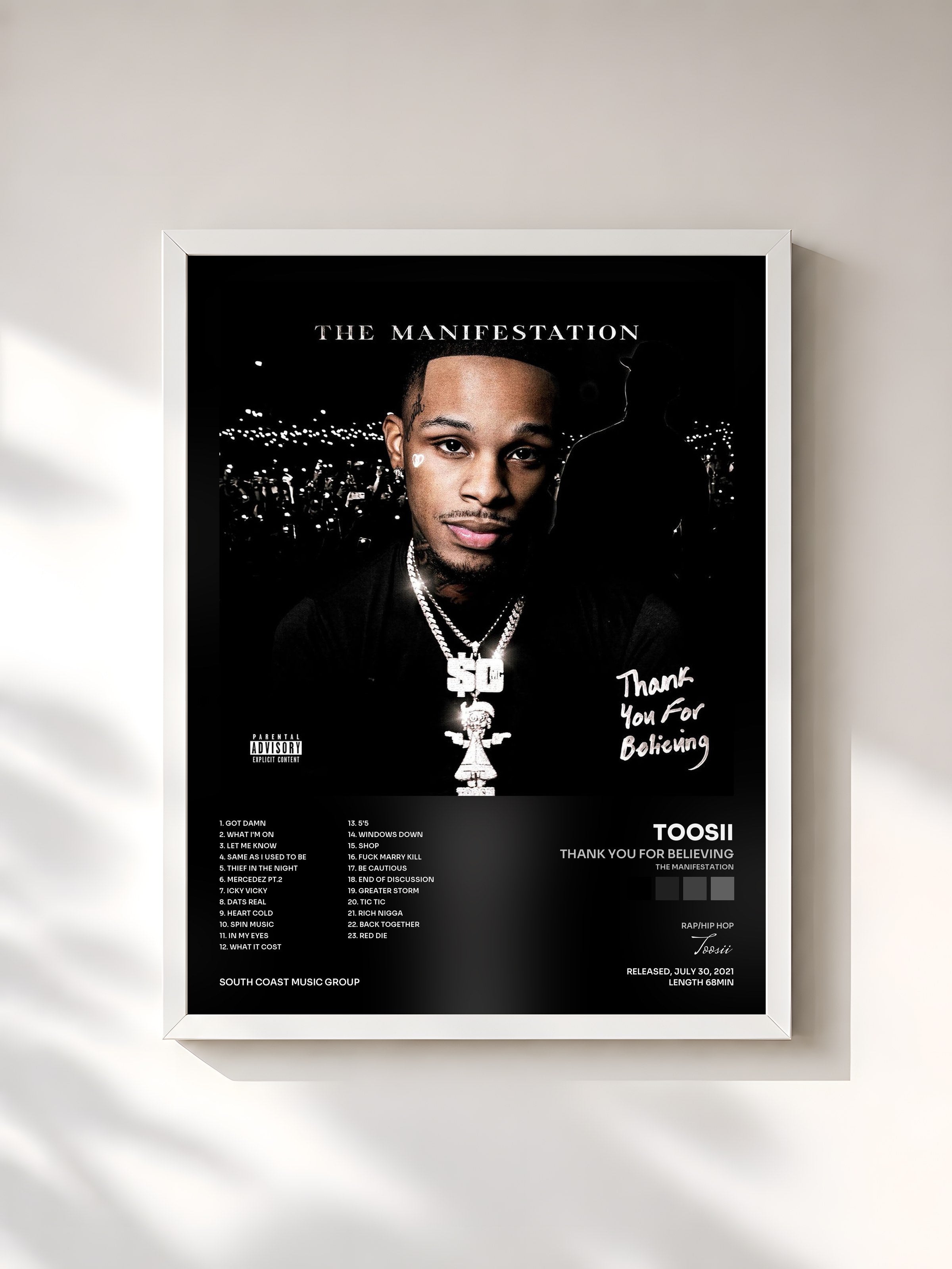 #blanc Tableau de l'album Thank You For Believing (The Manifestation) de Toosii, cadre blanc, imprimé et encadré en France