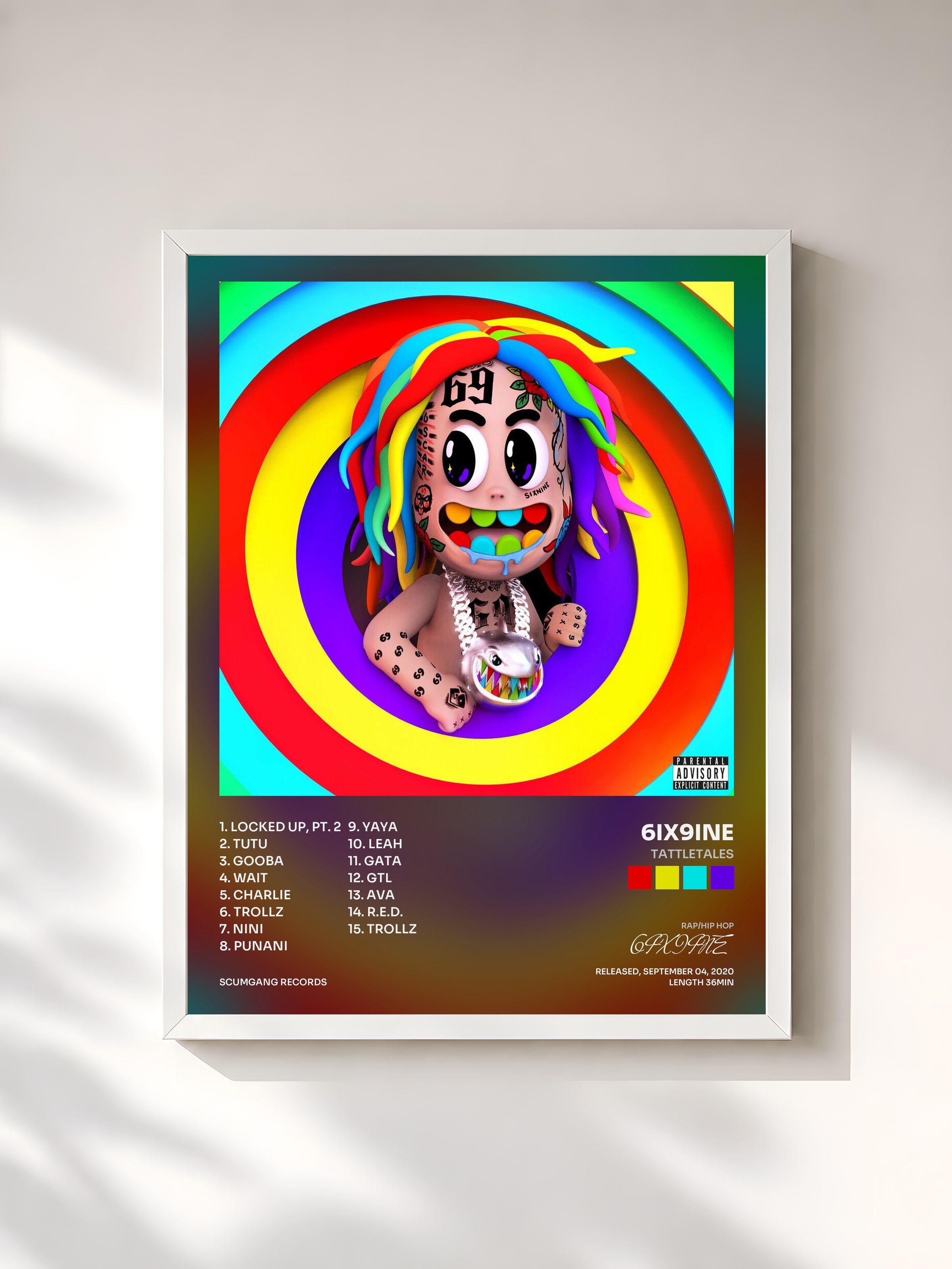 #blanc Tableau de l'album TattleTales de 6IX9INE, cadre blanc, imprimé et encadré en France