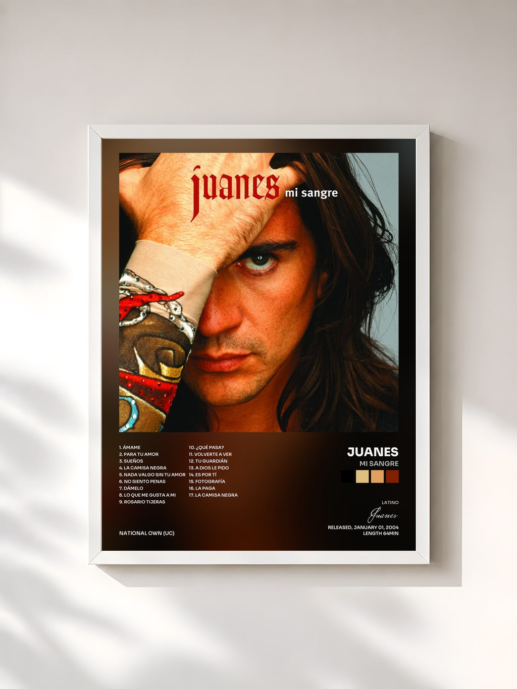 #blanc Tableau de l'album Mi Sangre de Juanes, cadre blanc, imprimé et encadré en France