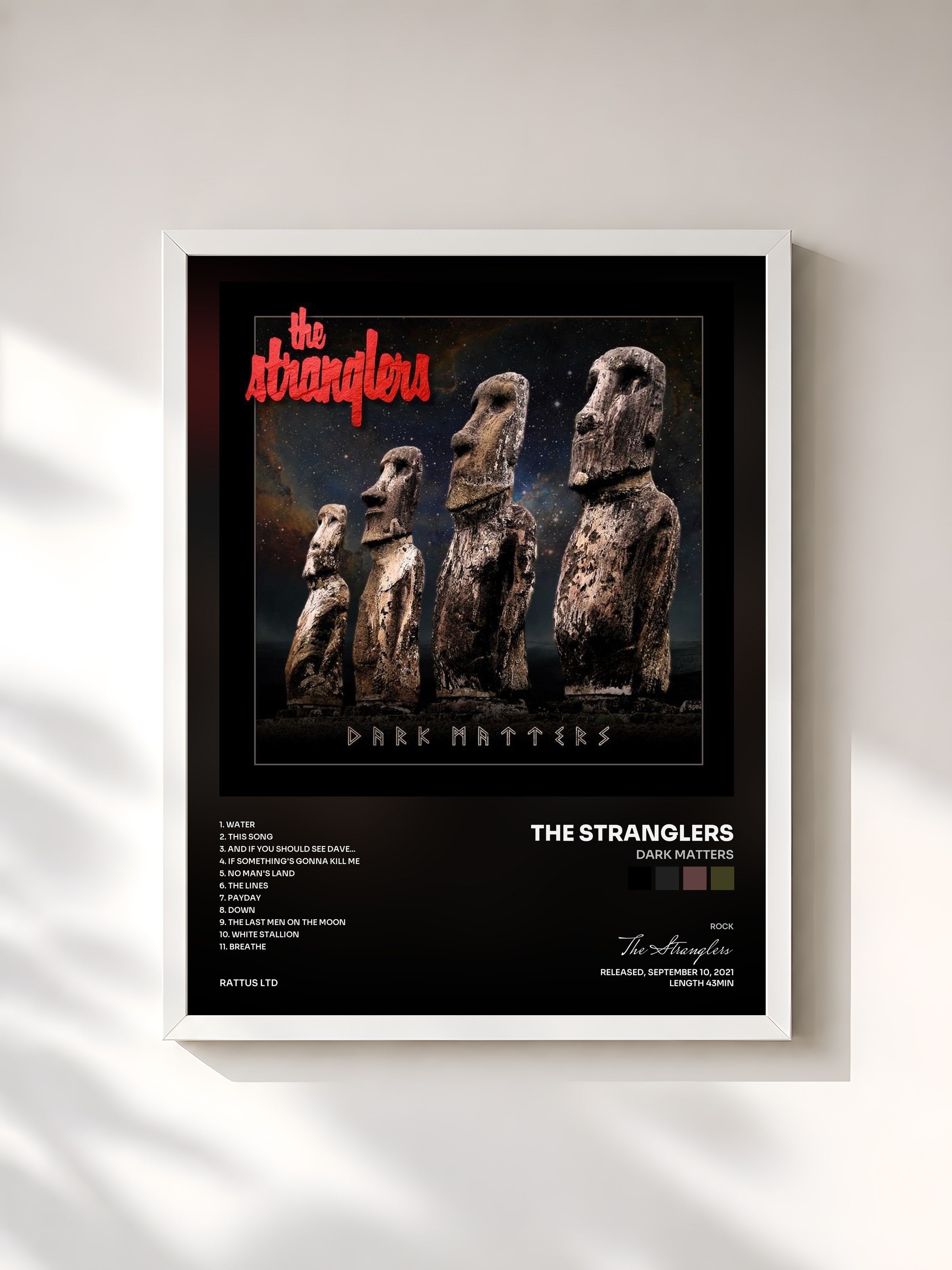 #blanc Tableau de l'album Dark Matters de The Stranglers, cadre blanc, imprimé et encadré en France