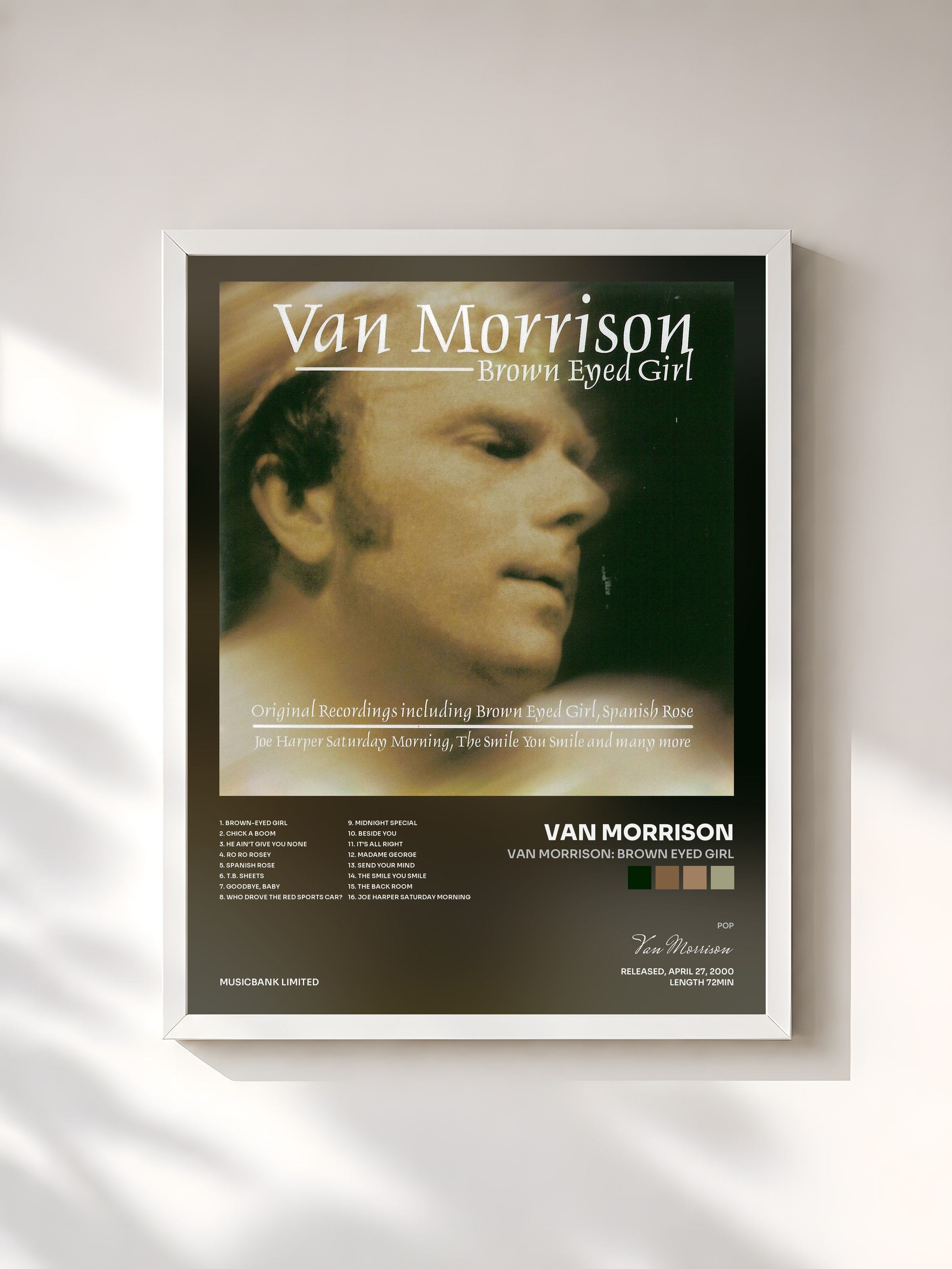 #blanc Tableau de l'album Van Morrison: Brown Eyed Girl de Van Morrison, cadre blanc, imprimé et encadré en France