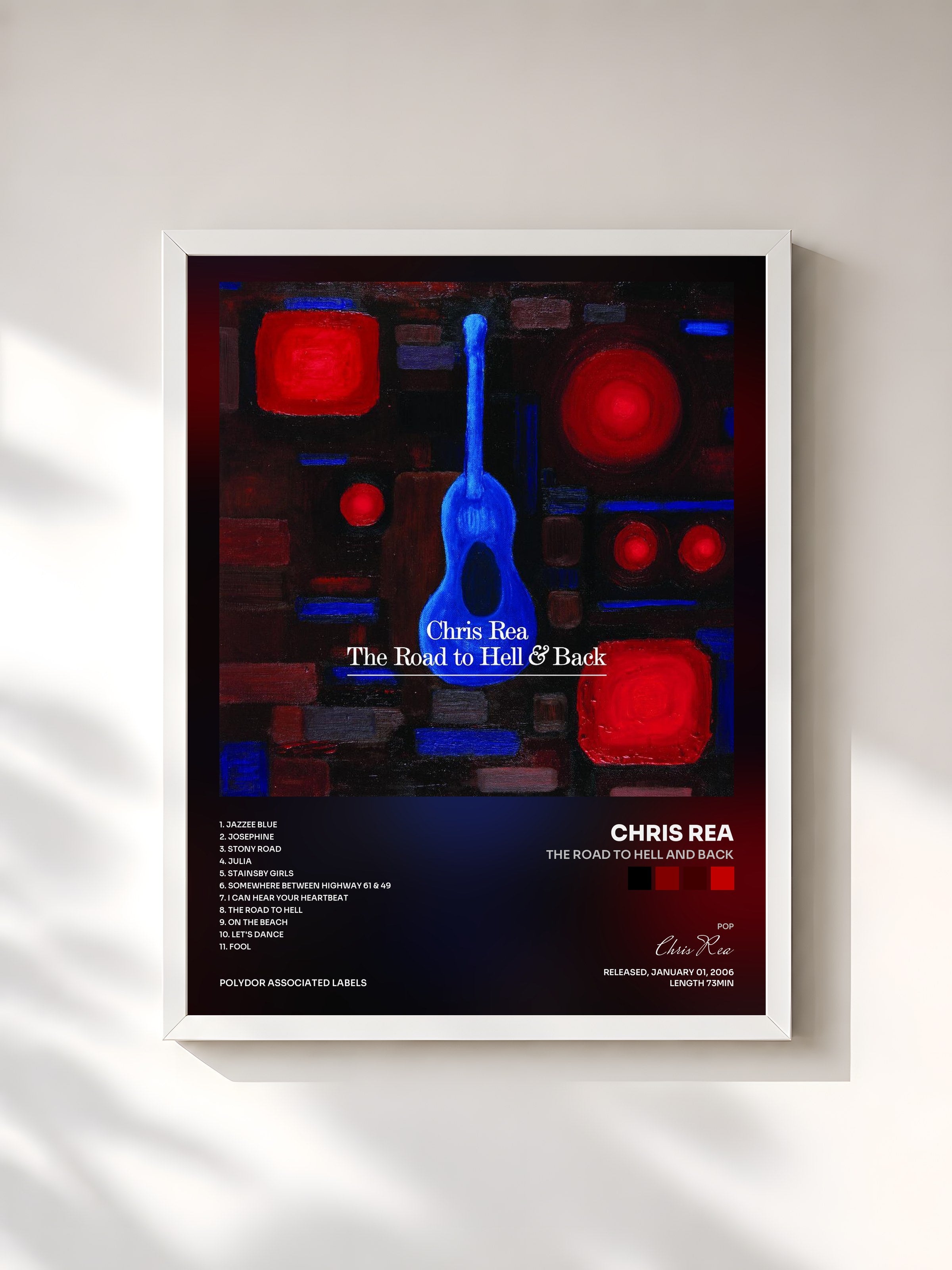 #blanc Tableau de l'album The Road To Hell And Back de Chris Rea, cadre blanc, imprimé et encadré en France