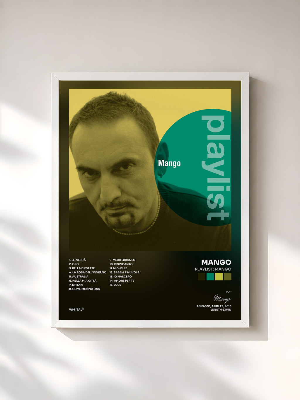 #blanc Tableau de l'album Playlist: Mango de Mango, cadre blanc, imprimé et encadré en France