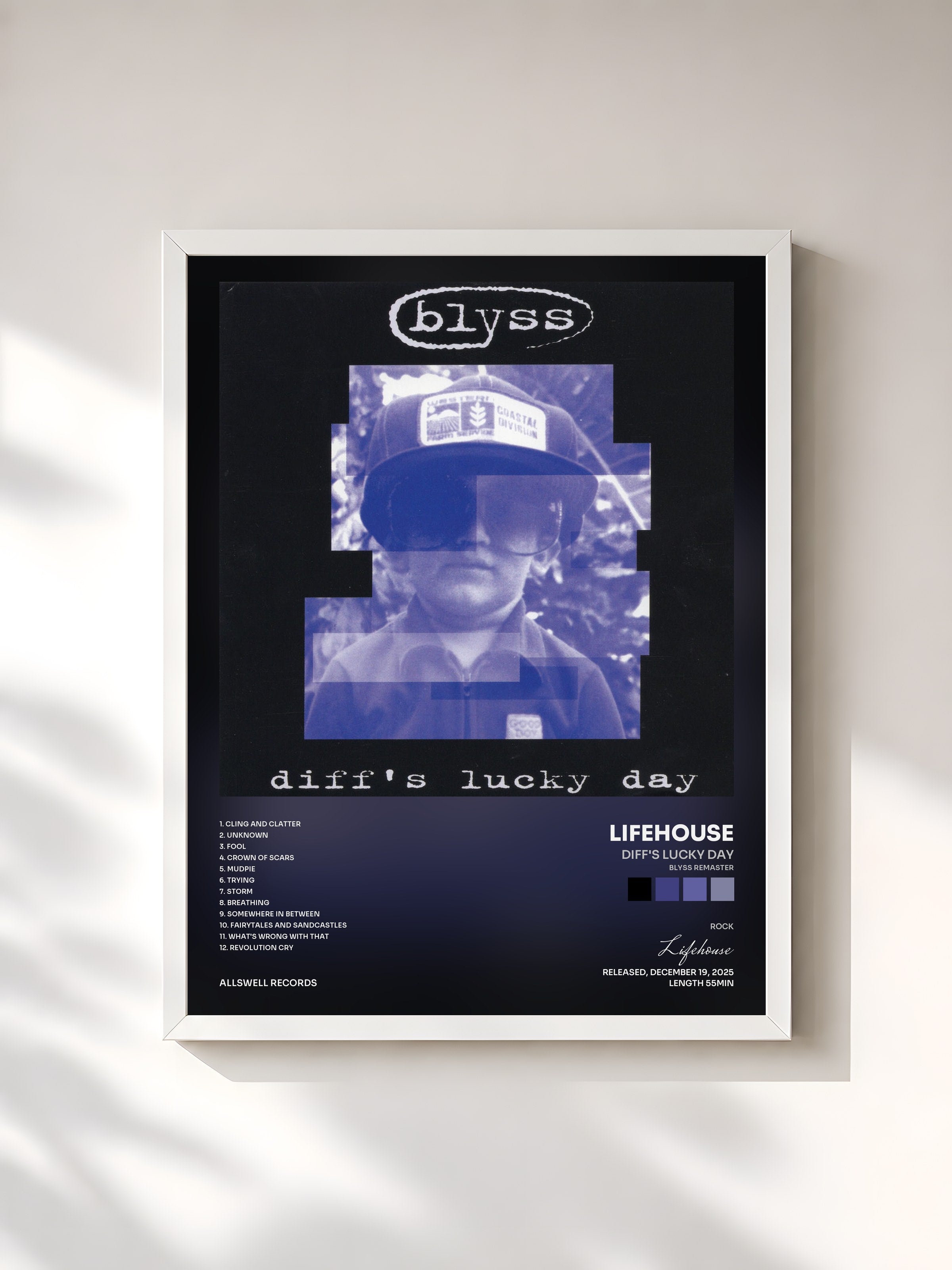 #blanc Tableau de l'album diff's lucky day (blyss remaster) de Lifehouse, cadre blanc, imprimé et encadré en France