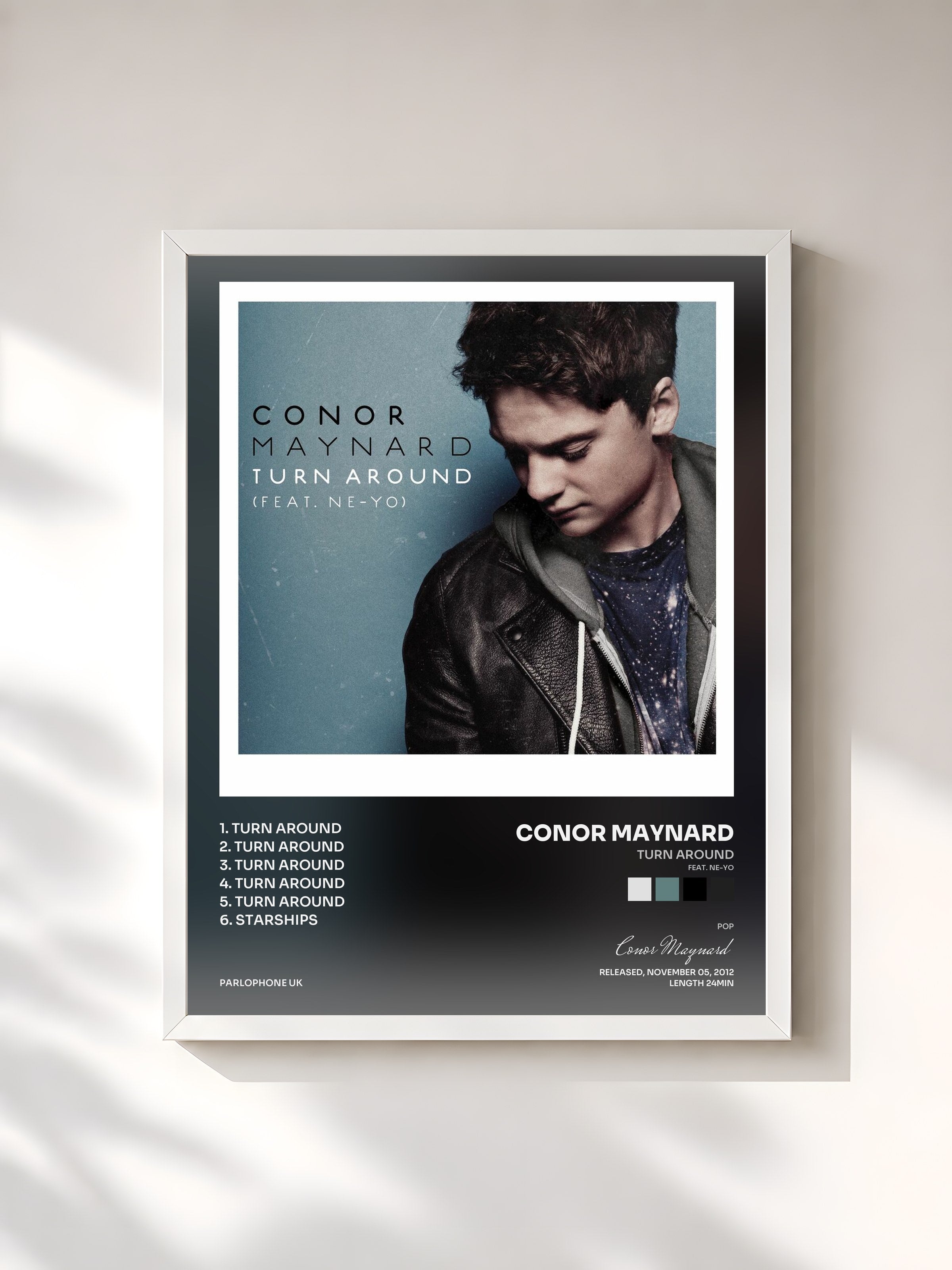#blanc Tableau de l'album Turn Around (feat. Ne-Yo) de Conor Maynard, cadre blanc, imprimé et encadré en France