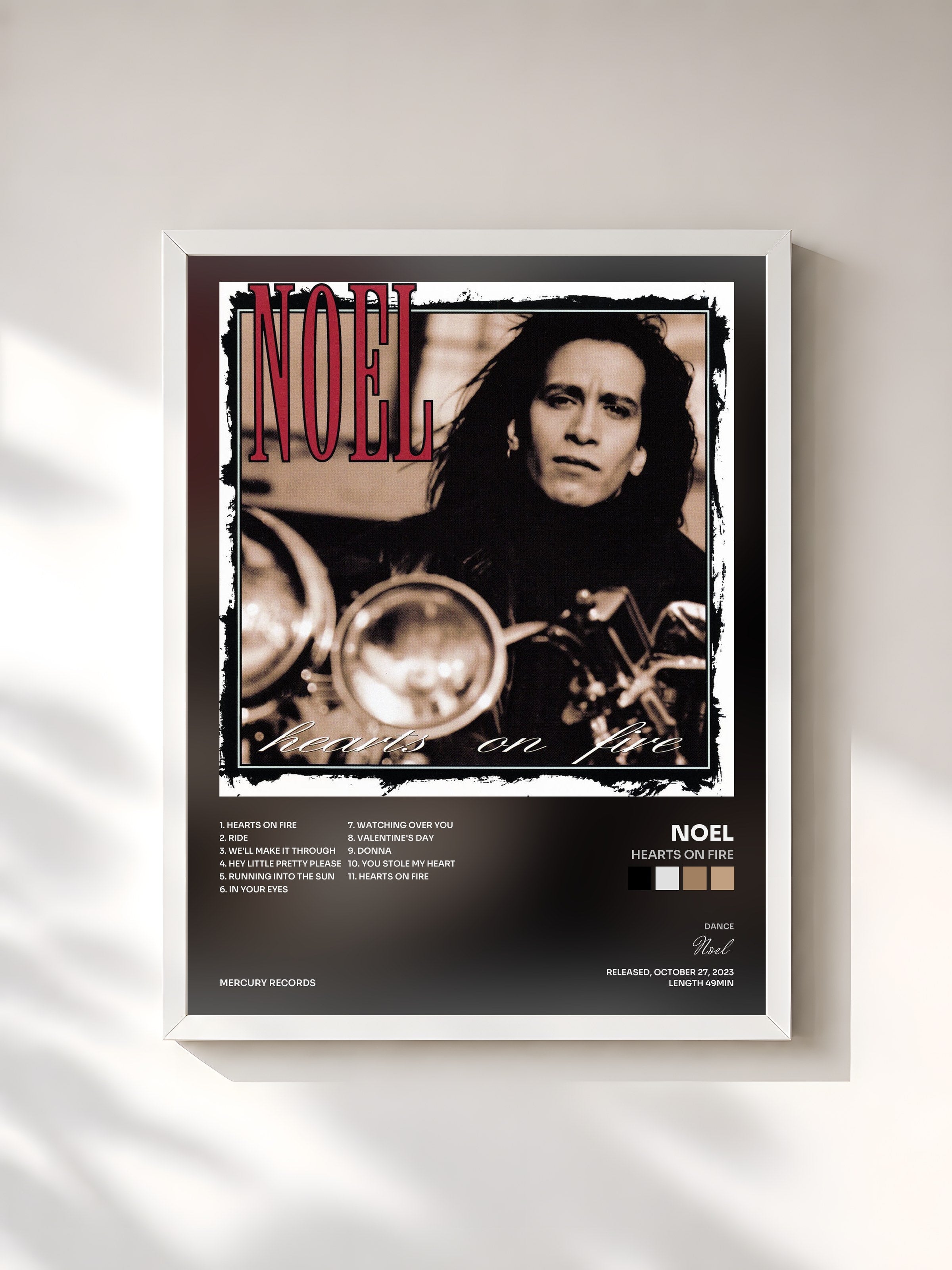 #blanc Tableau de l'album Hearts On Fire de Noel, cadre blanc, imprimé et encadré en France