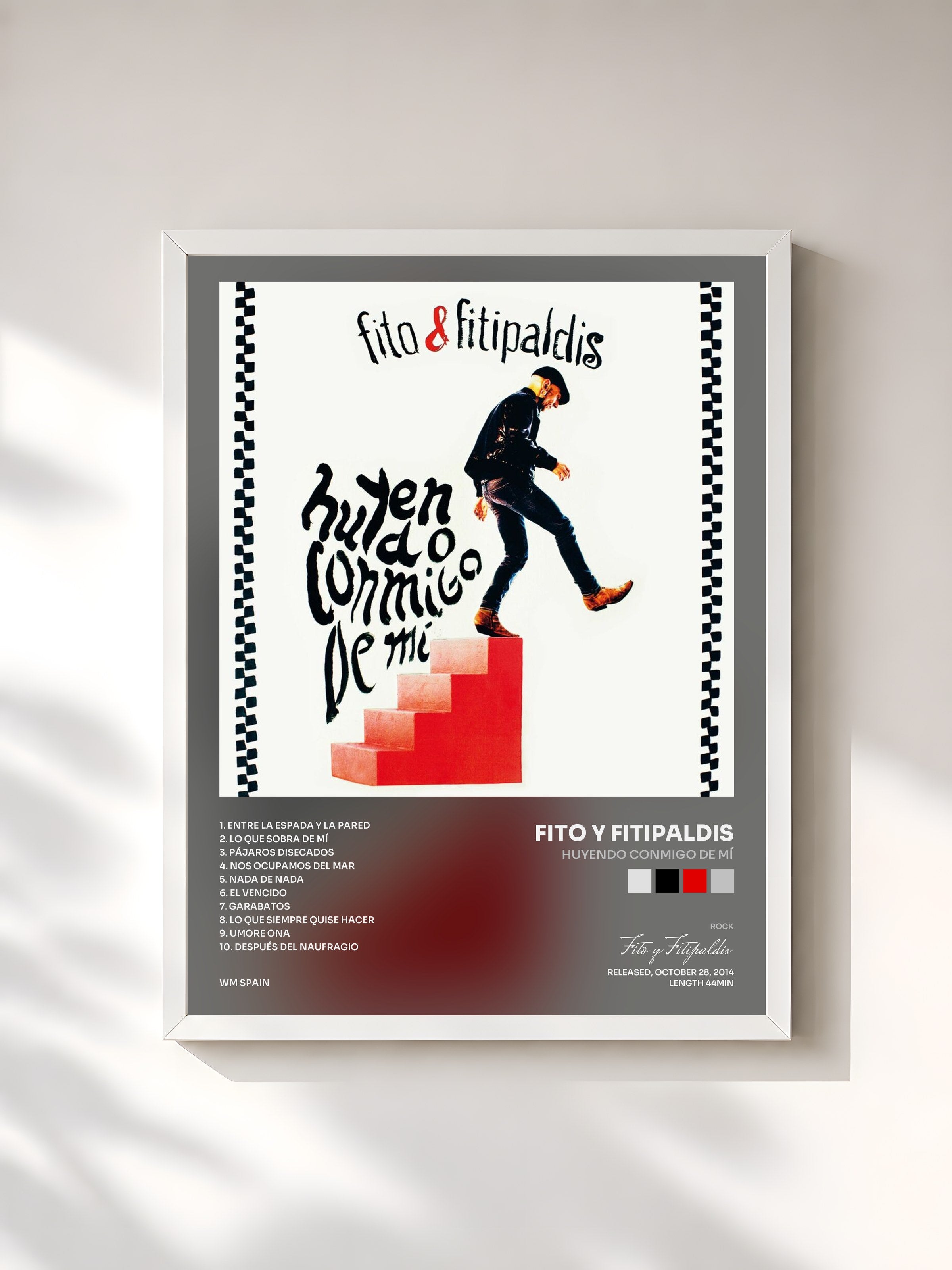 #blanc Tableau de l'album Huyendo conmigo de mí de Fito y Fitipaldis, cadre blanc, imprimé et encadré en France