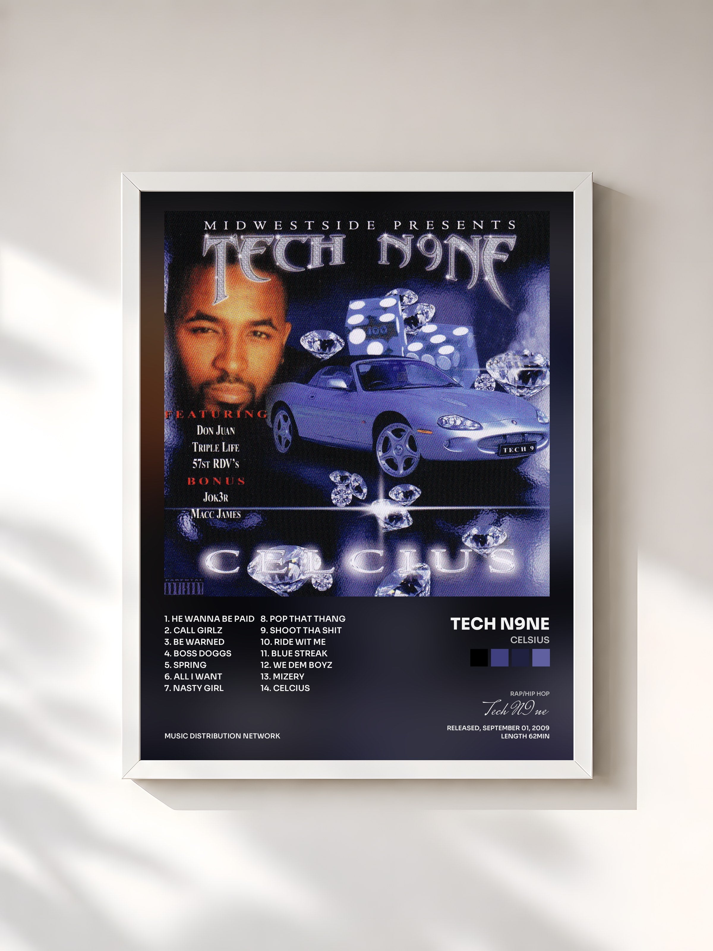 #blanc Tableau de l'album Celsius de Tech N9ne, cadre blanc, imprimé et encadré en France