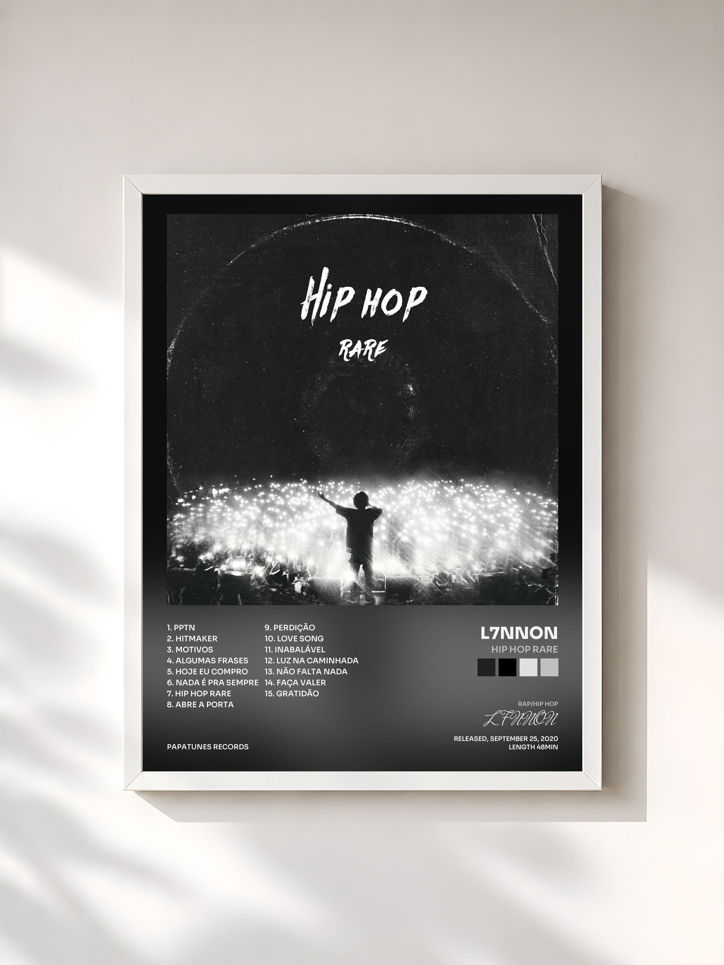 #blanc Tableau de l'album Hip Hop Rare de L7NNON, cadre blanc, imprimé et encadré en France