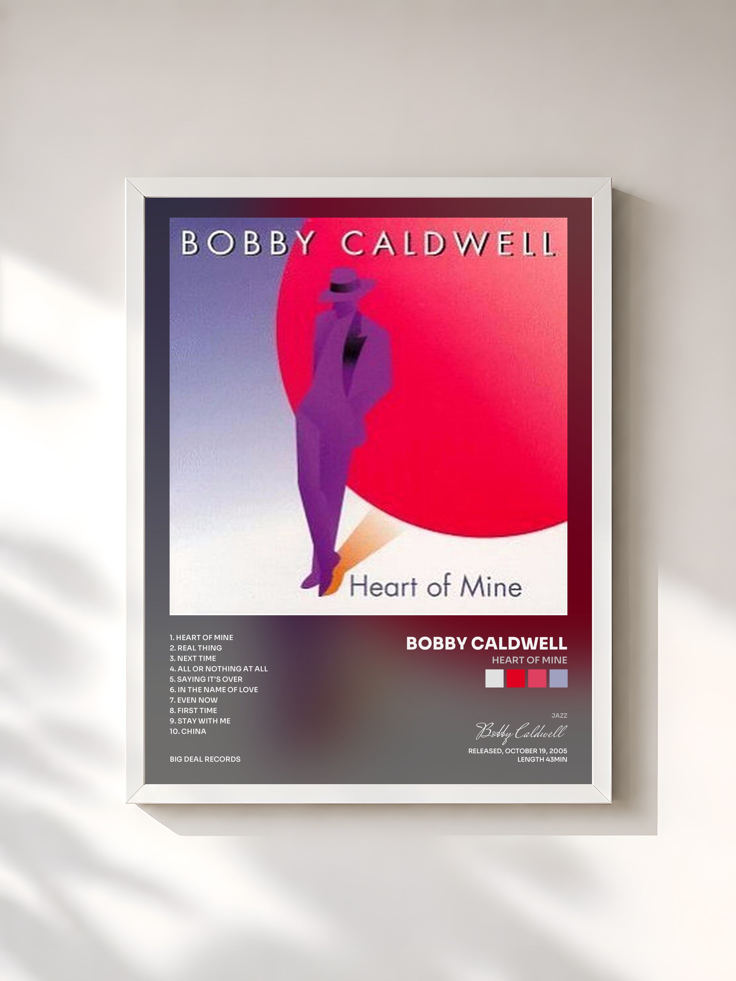 #blanc Tableau de l'album Heart of Mine de Bobby Caldwell, cadre blanc, imprimé et encadré en France
