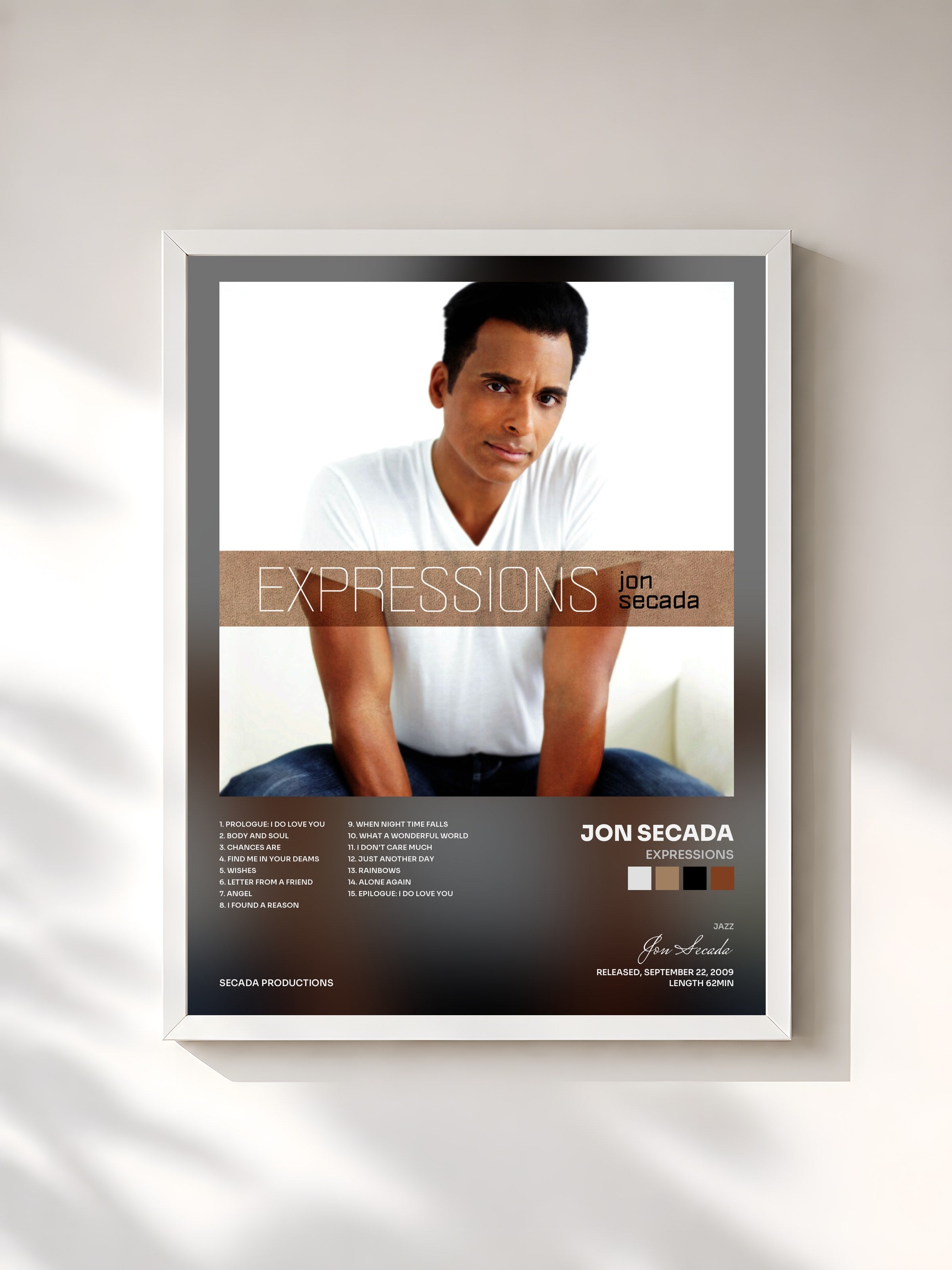 #blanc Tableau de l'album Expressions de Jon Secada, cadre blanc, imprimé et encadré en France