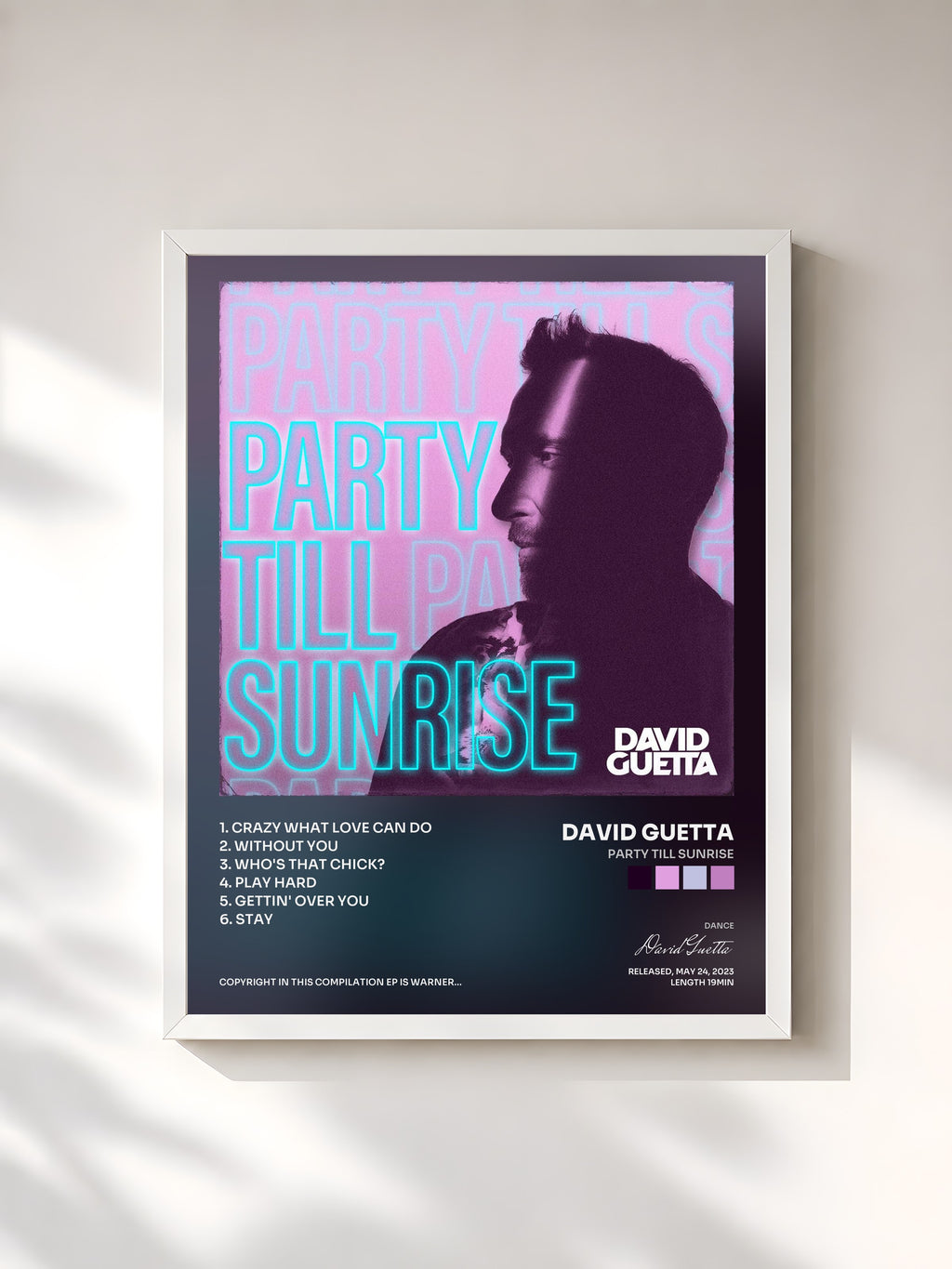 #blanc Tableau de l'album Party Till Sunrise de David Guetta, cadre blanc, imprimé et encadré en France