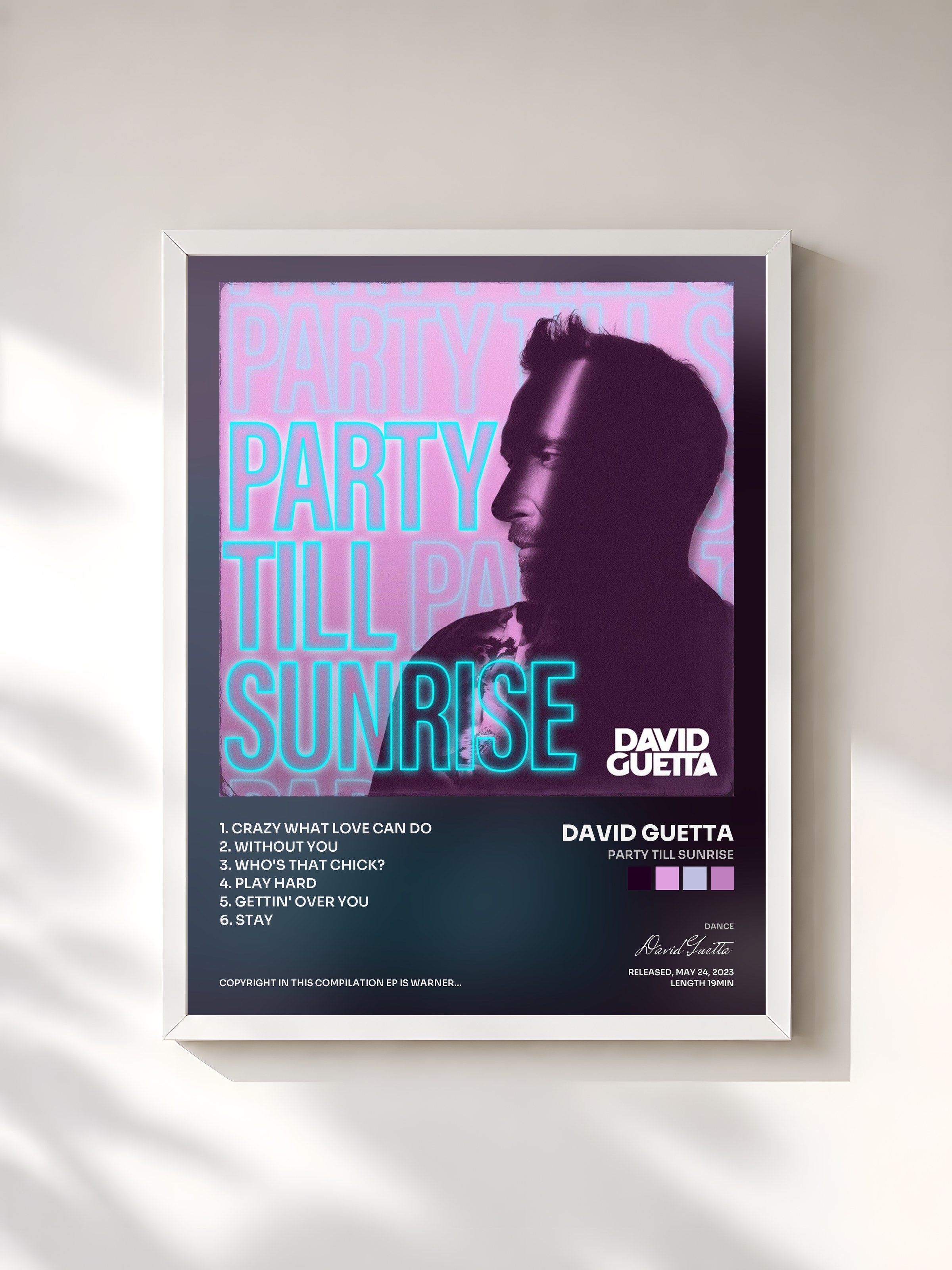#blanc Tableau de l'album Party Till Sunrise de David Guetta, cadre blanc, imprimé et encadré en France