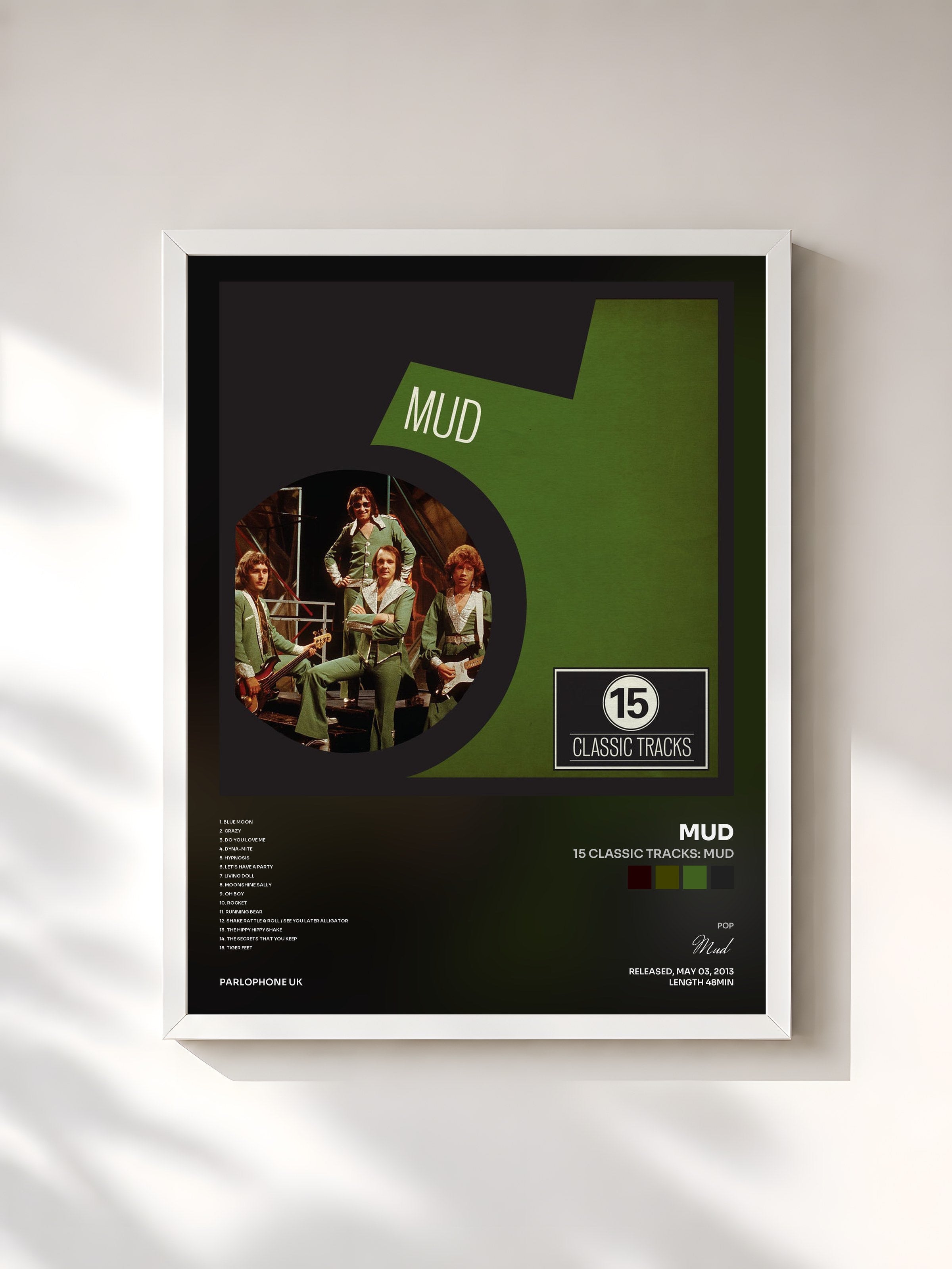 #blanc Tableau de l'album 15 Classic Tracks: Mud de Mud, cadre blanc, imprimé et encadré en France