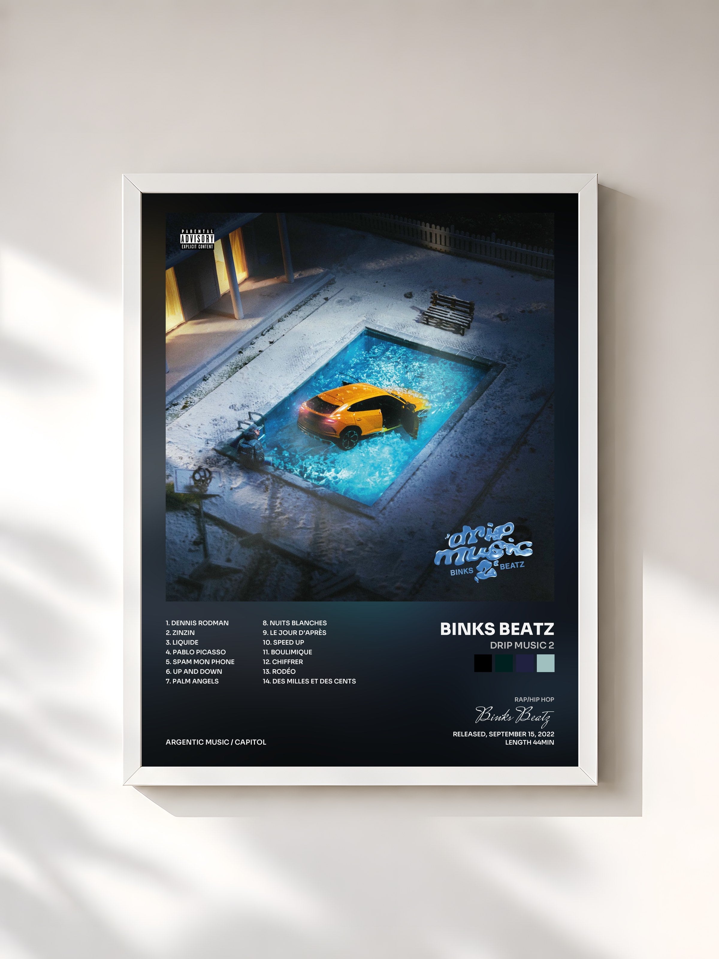 #blanc Tableau de l'album Drip Music 2 de Binks Beatz, cadre blanc, imprimé et encadré en France