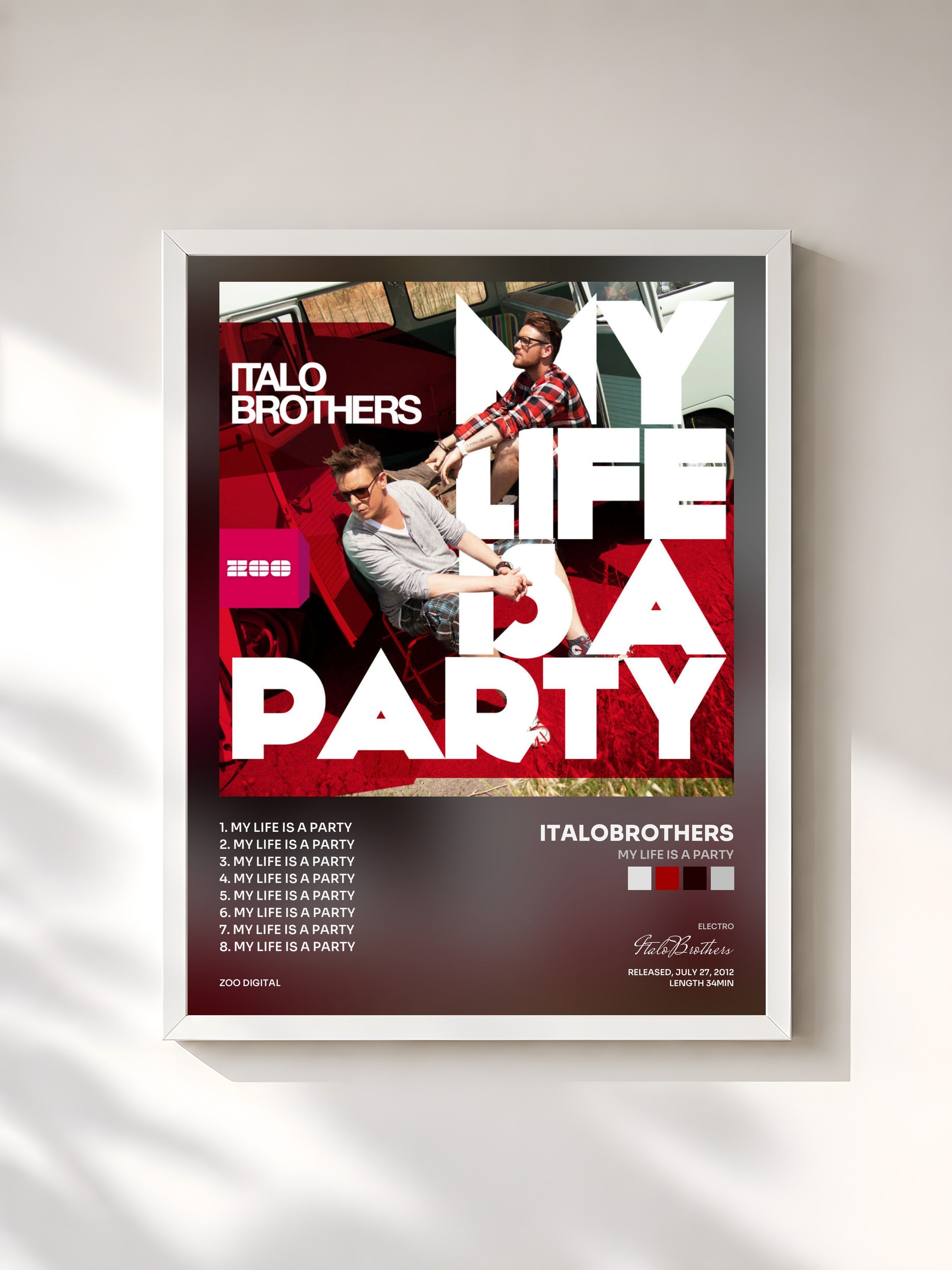 #blanc Tableau de l'album My Life Is a Party de ItaloBrothers, cadre blanc, imprimé et encadré en France