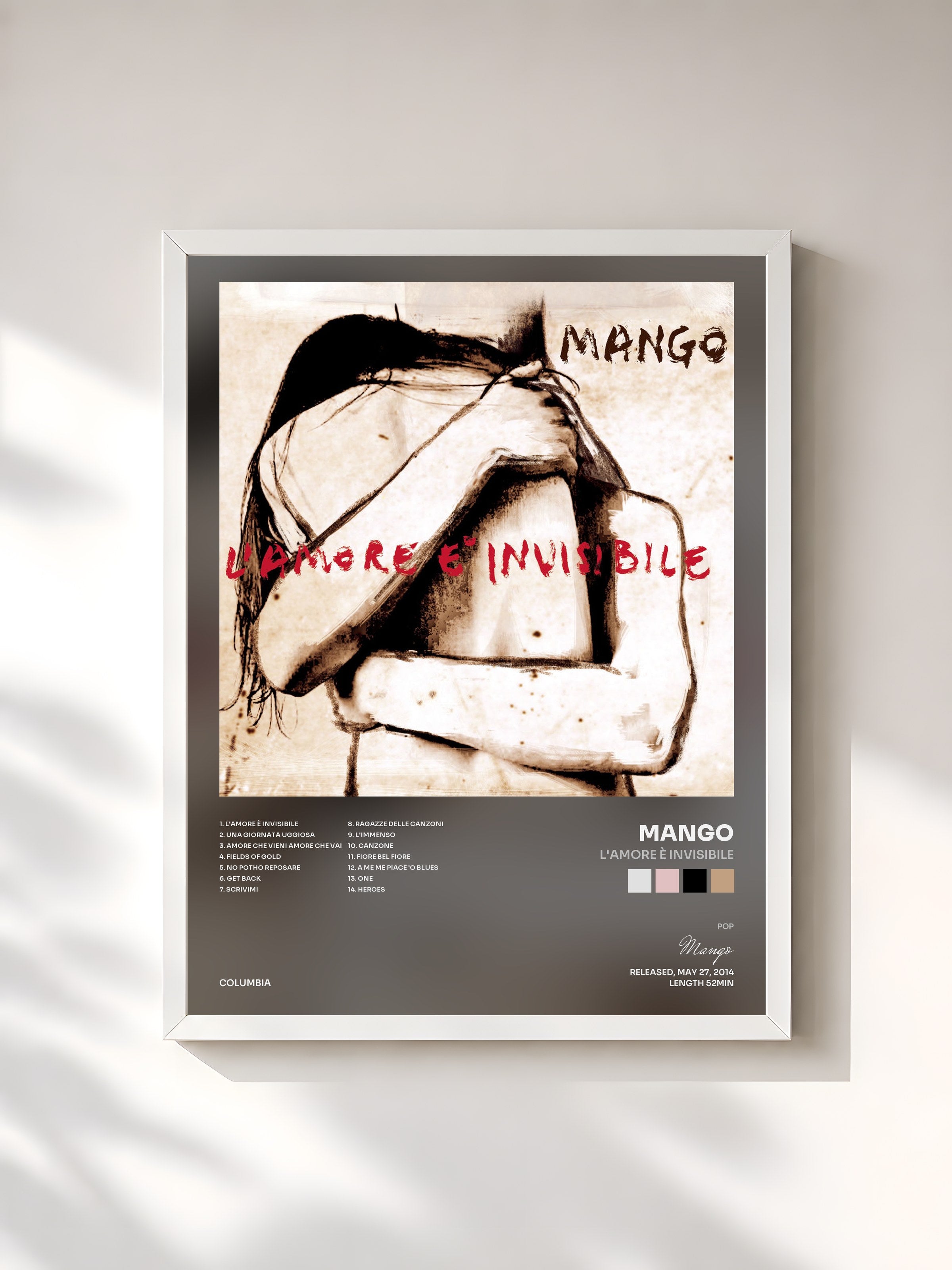 #blanc Tableau de l'album L'amore è invisibile de Mango, cadre blanc, imprimé et encadré en France