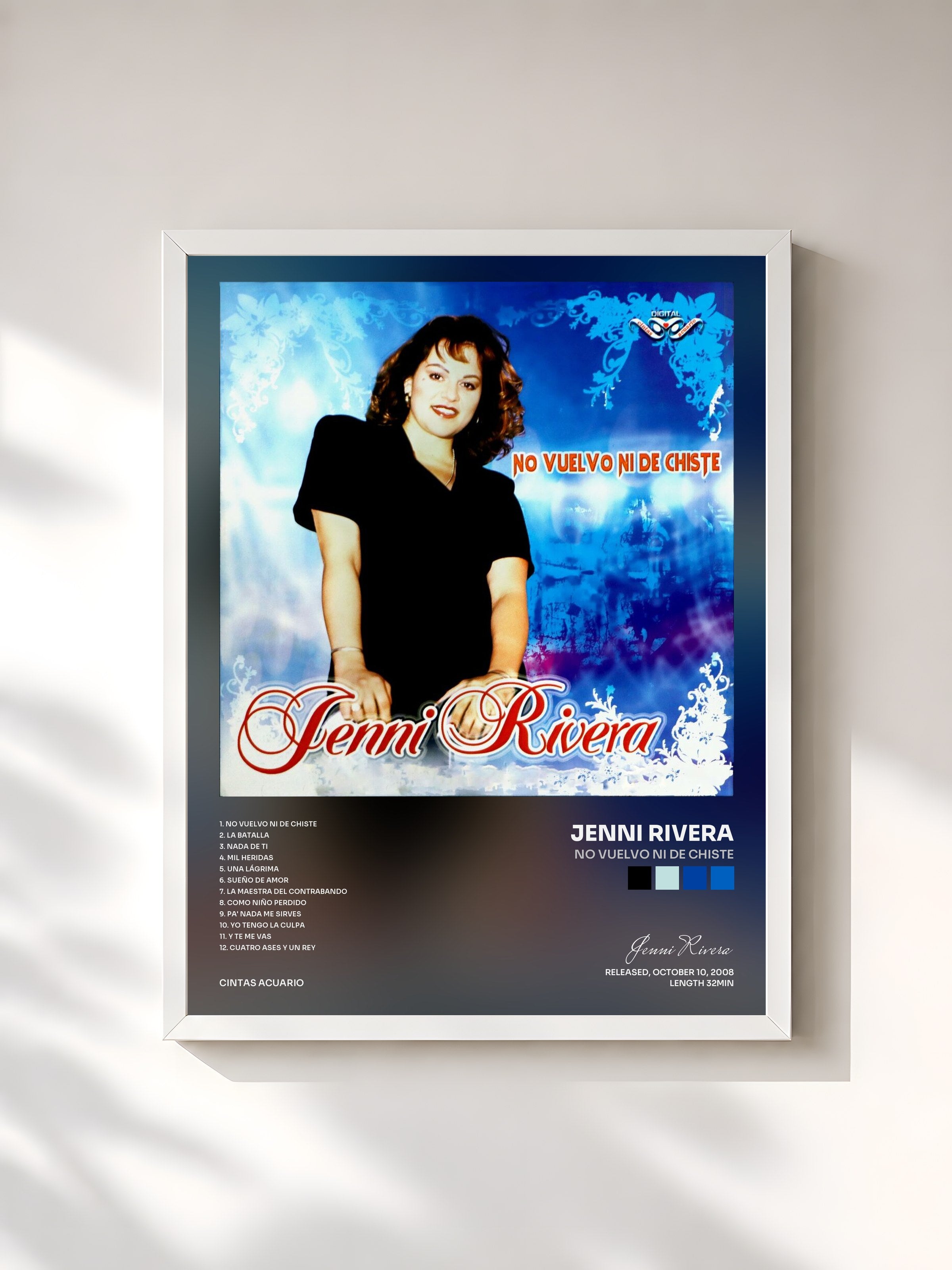 #blanc Tableau de l'album No Vuelvo Ni de Chiste de Jenni Rivera, cadre blanc, imprimé et encadré en France