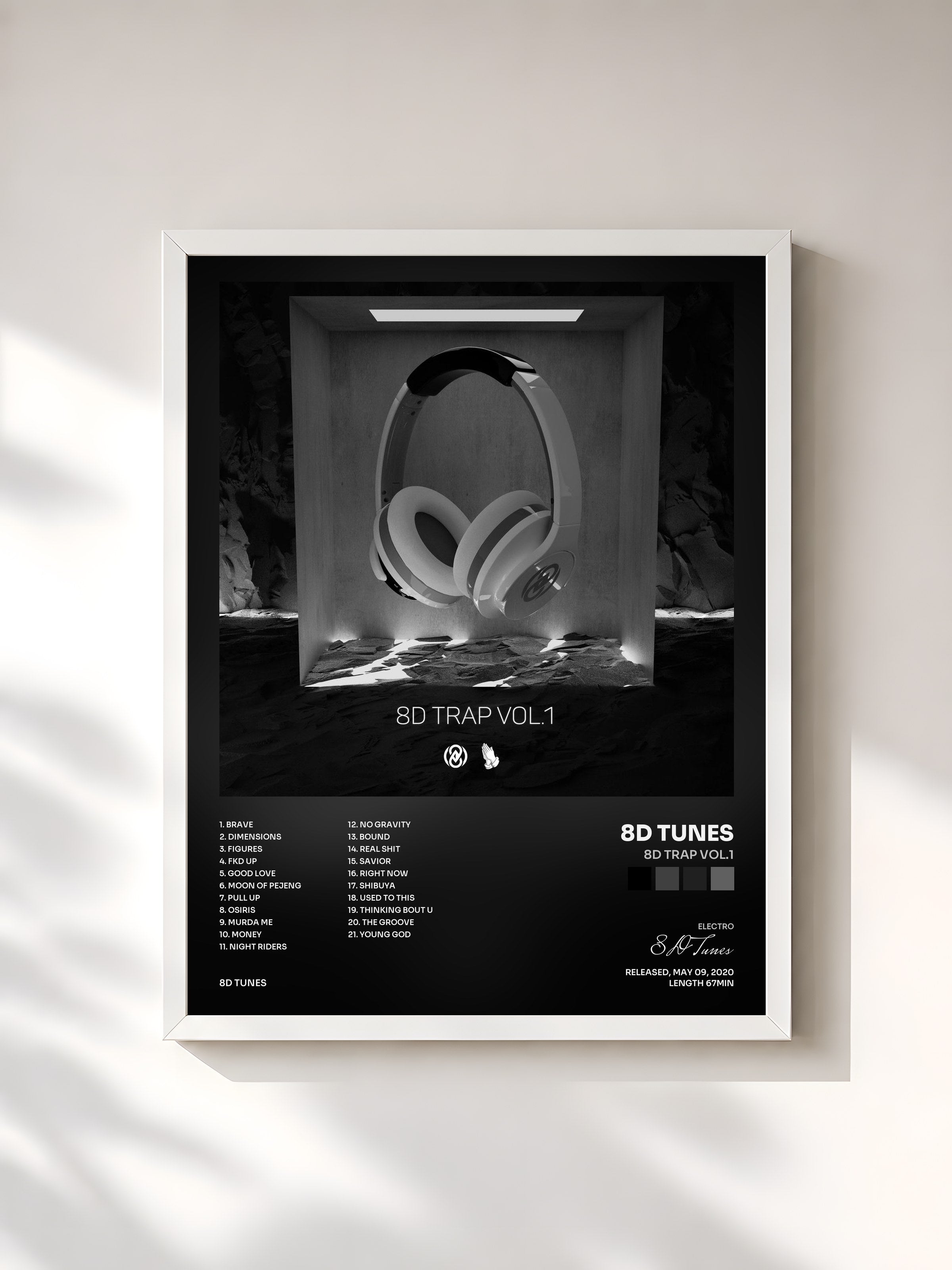 #blanc Tableau de l'album 8D Trap Vol.1 de 8D Tunes, cadre blanc, imprimé et encadré en France