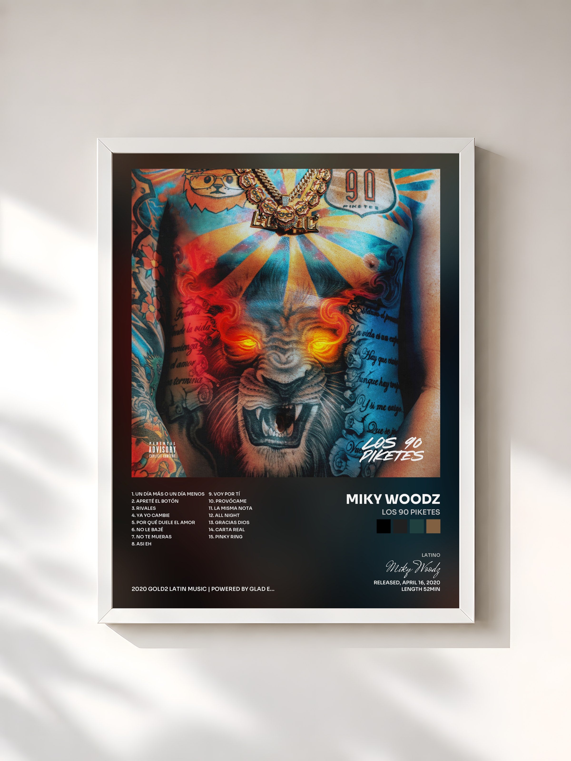 #blanc Tableau de l'album Los 90 Piketes de Miky Woodz, cadre blanc, imprimé et encadré en France