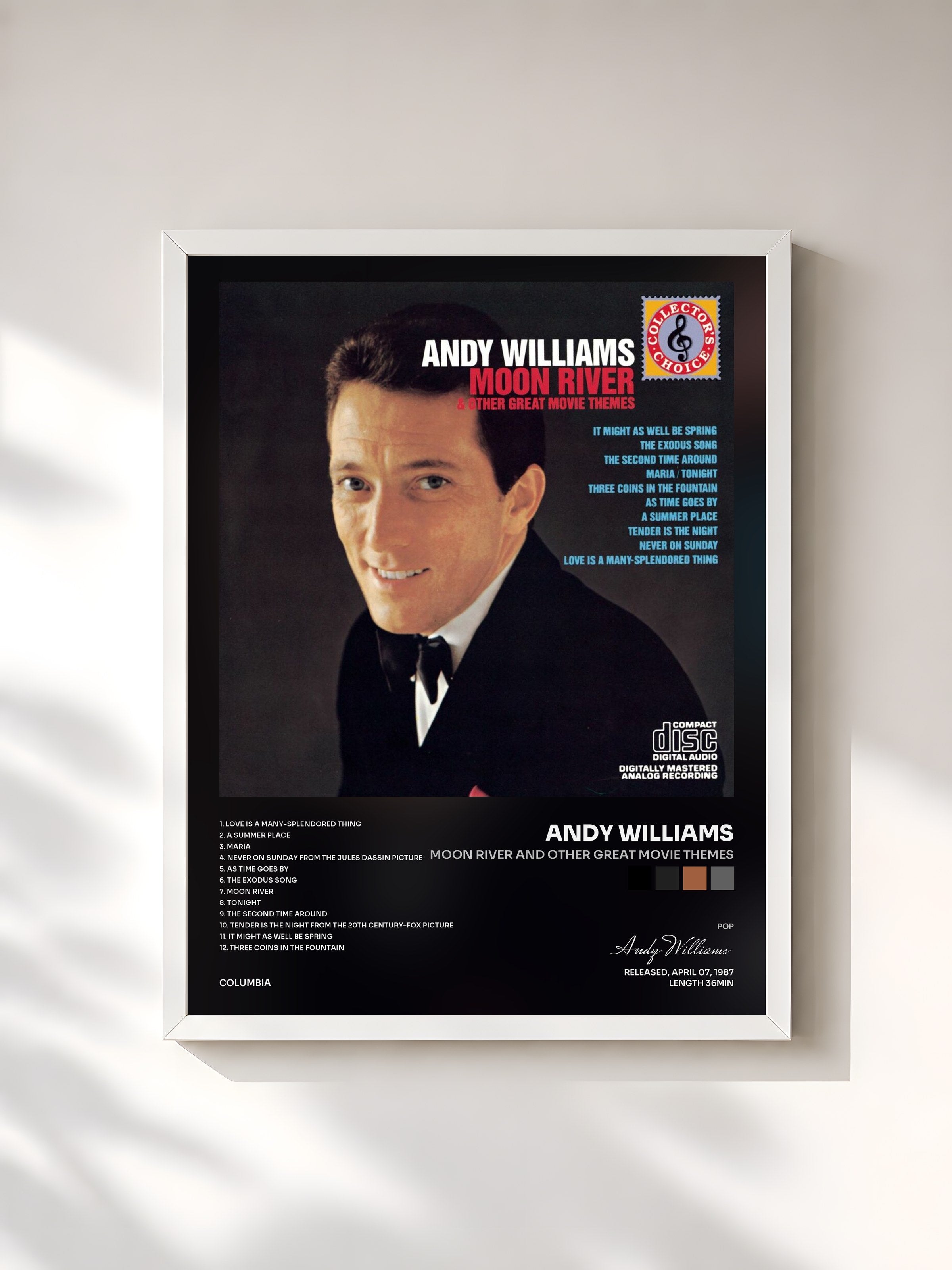 #blanc Tableau de l'album Moon River And Other Great Movie Themes de Andy Williams, cadre blanc, imprimé et encadré en France