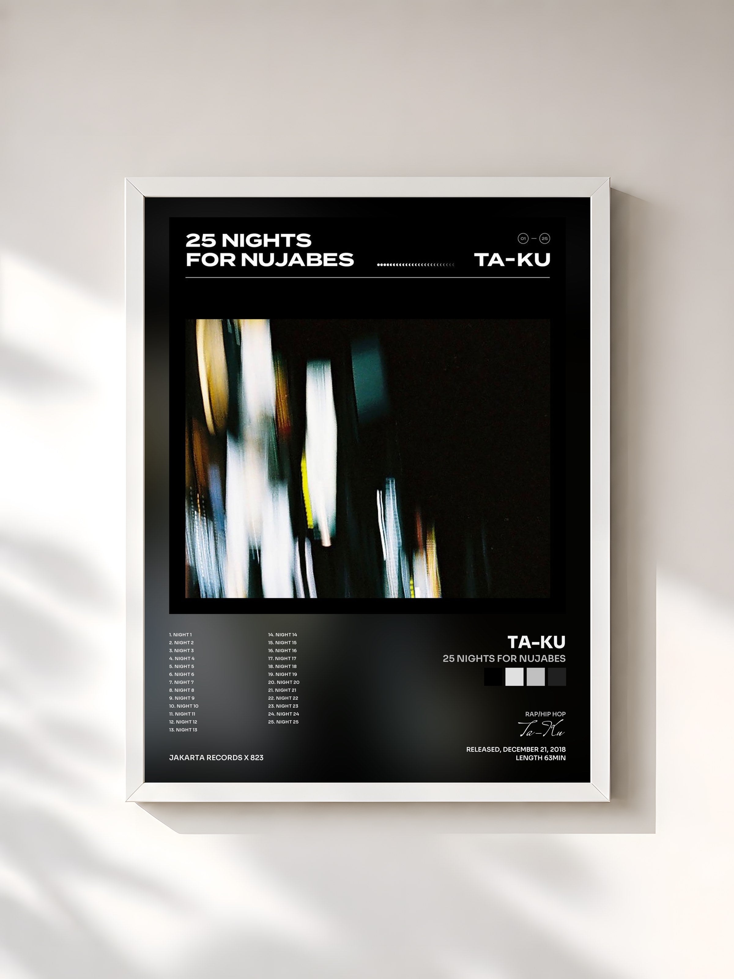 #blanc Tableau de l'album 25 Nights for Nujabes de Ta-Ku, cadre blanc, imprimé et encadré en France