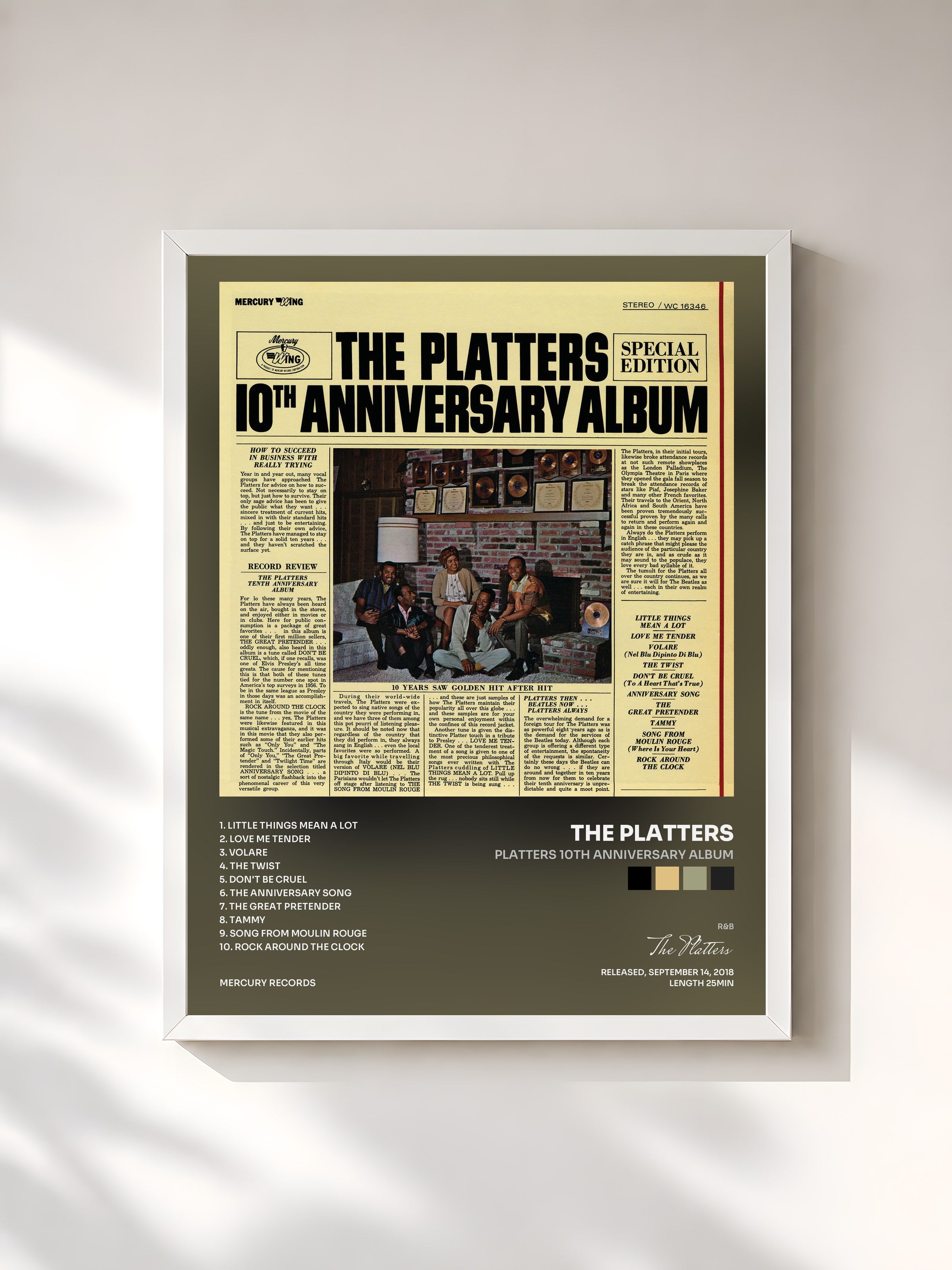 #blanc Tableau de l'album Platters 10th Anniversary Album de The Platters, cadre blanc, imprimé et encadré en France
