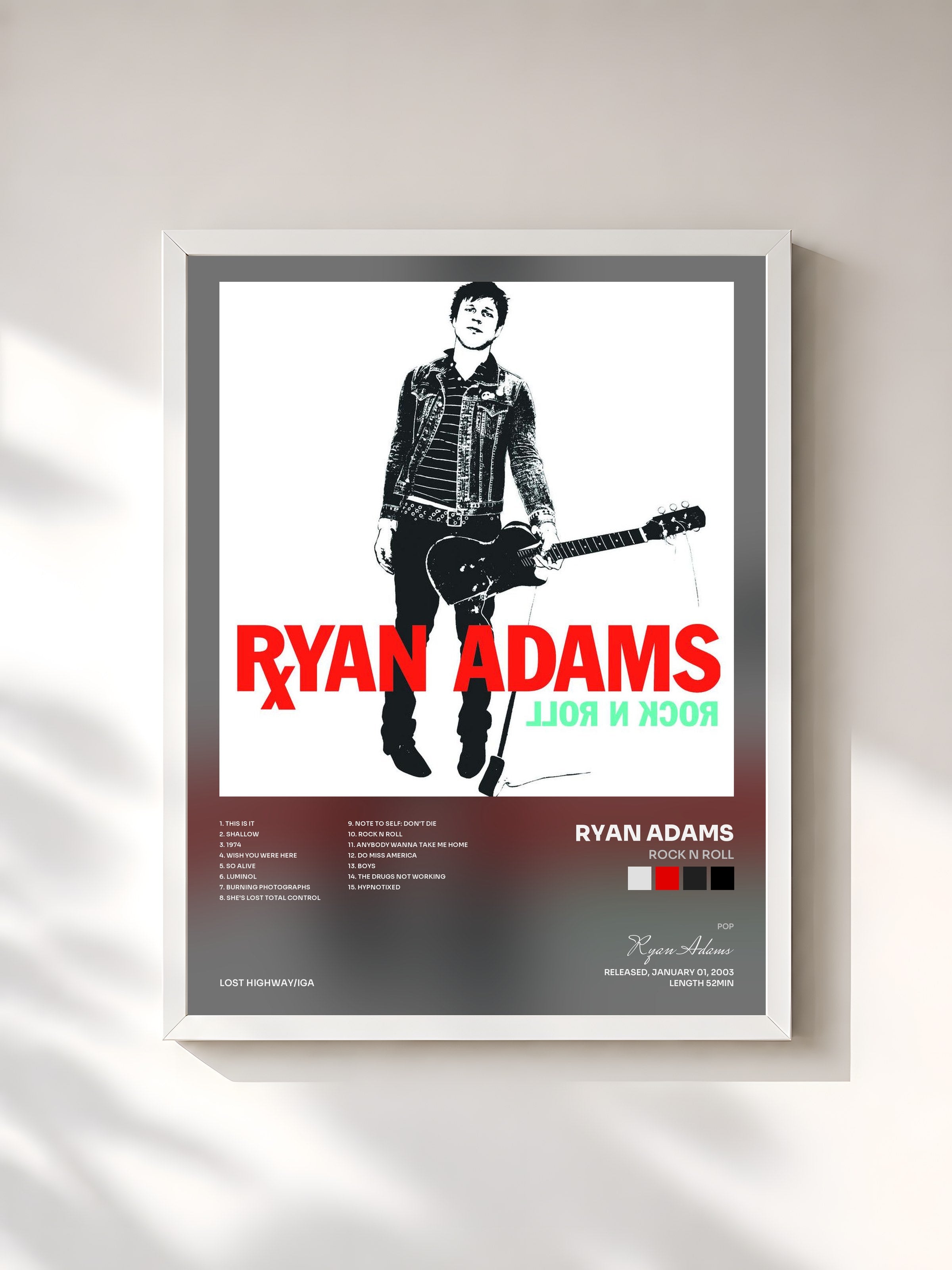 #blanc Tableau de l'album Rock N Roll de Ryan Adams, cadre blanc, imprimé et encadré en France
