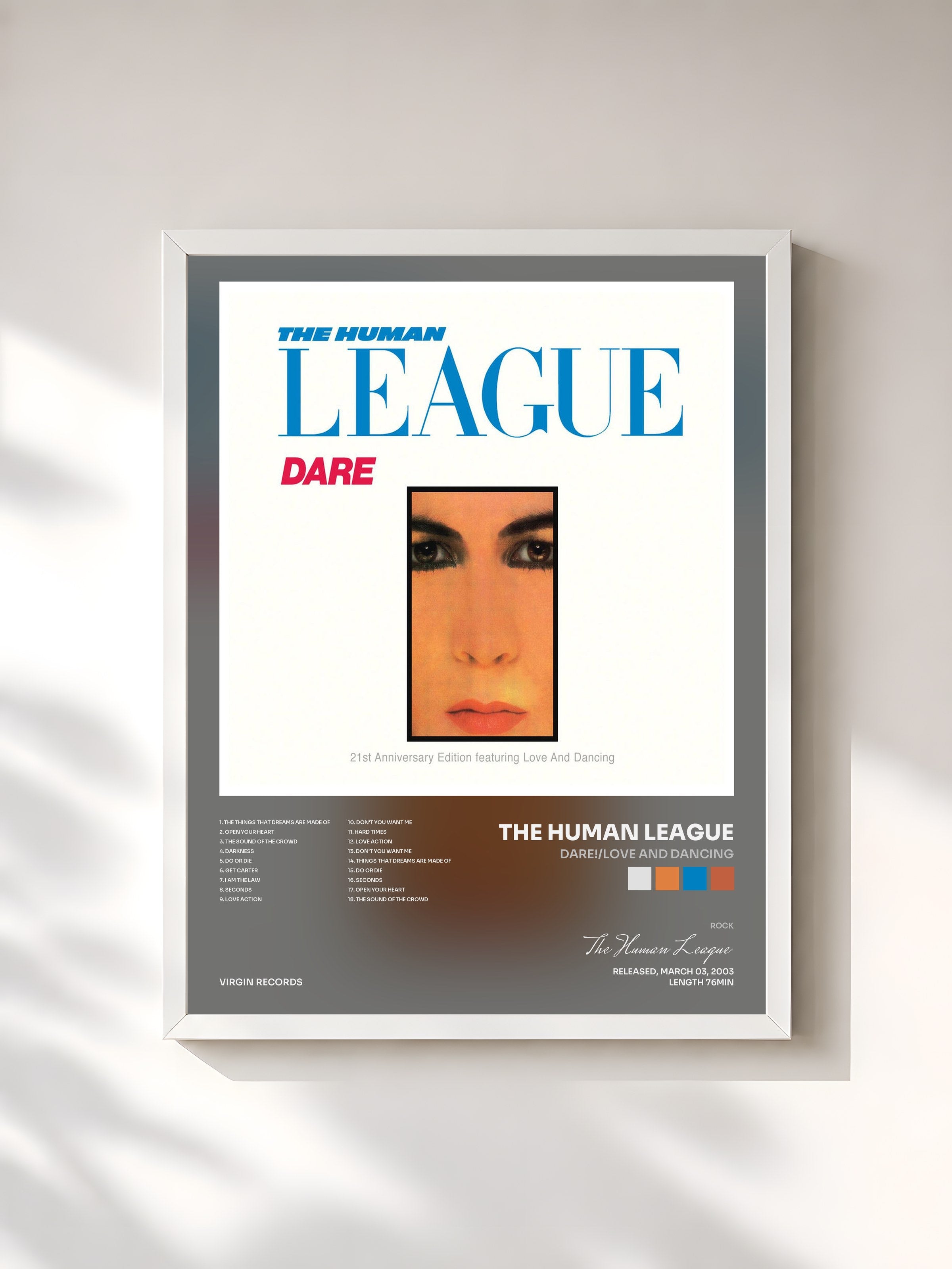 #blanc Tableau de l'album Dare!/Love And Dancing de The Human League, cadre blanc, imprimé et encadré en France