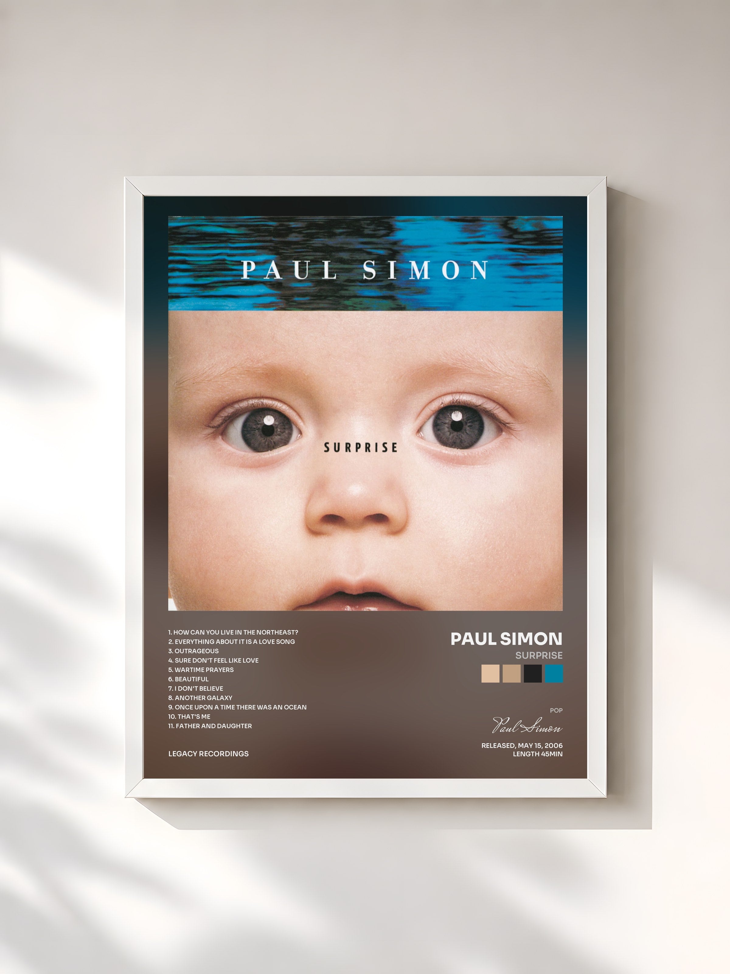 #blanc Tableau de l'album Surprise de Paul Simon, cadre blanc, imprimé et encadré en France