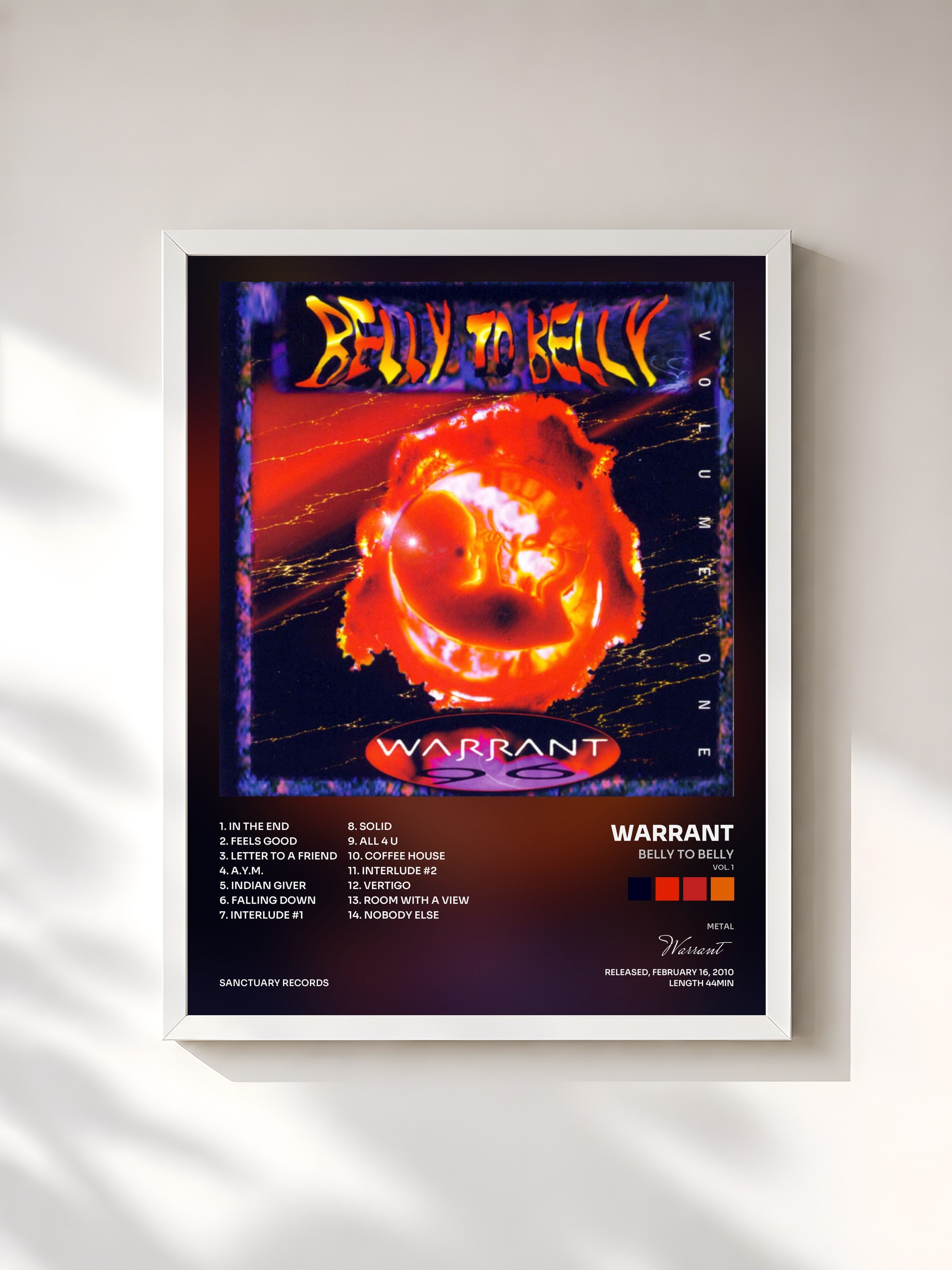 #blanc Tableau de l'album Belly To Belly (Vol. 1) de Warrant, cadre blanc, imprimé et encadré en France