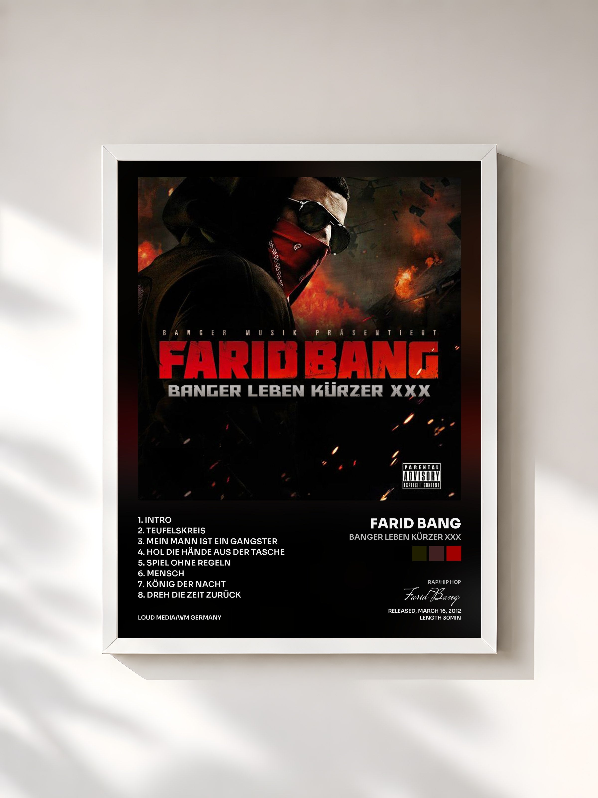 #blanc Tableau de l'album Banger leben kürzer XXX de Farid Bang, cadre blanc, imprimé et encadré en France