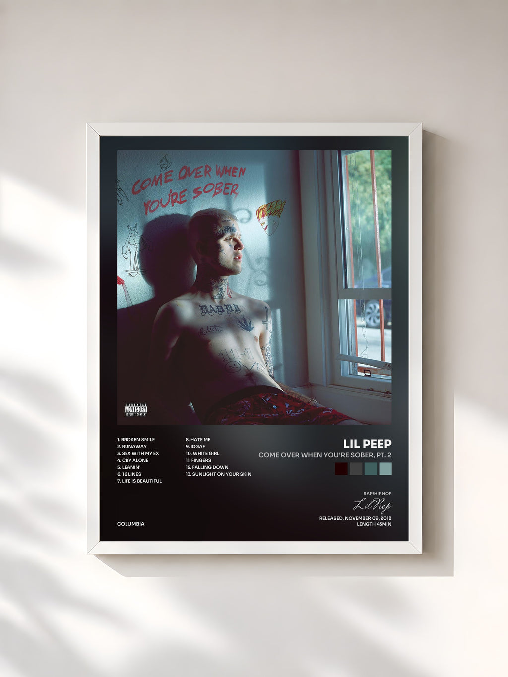 #blanc Tableau de l'album Come Over When You're Sober, Pt. 2 de Lil Peep, cadre blanc, imprimé et encadré en France