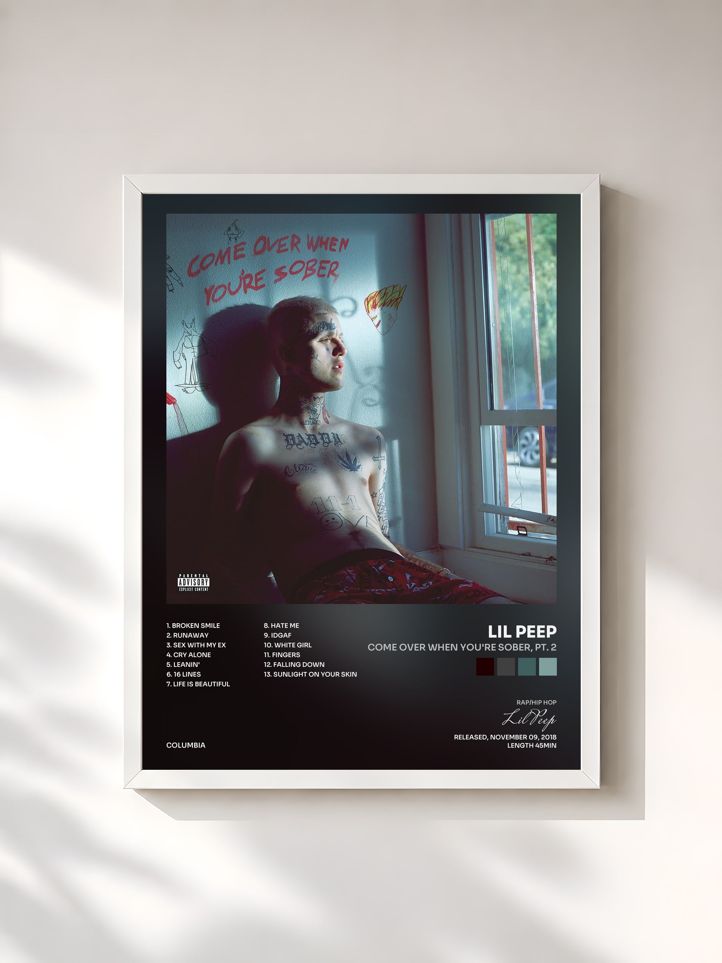 #blanc Tableau de l'album Come Over When You're Sober, Pt. 2 de Lil Peep, cadre blanc, imprimé et encadré en France