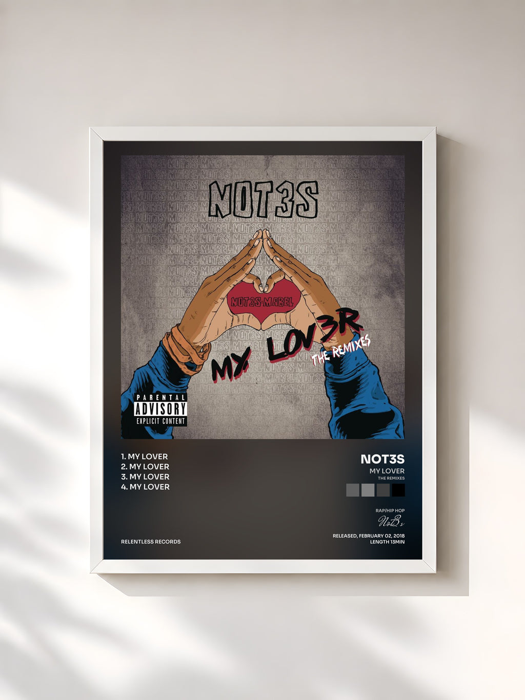 #blanc Tableau de l'album My Lover (The Remixes) de Not3s, cadre blanc, imprimé et encadré en France