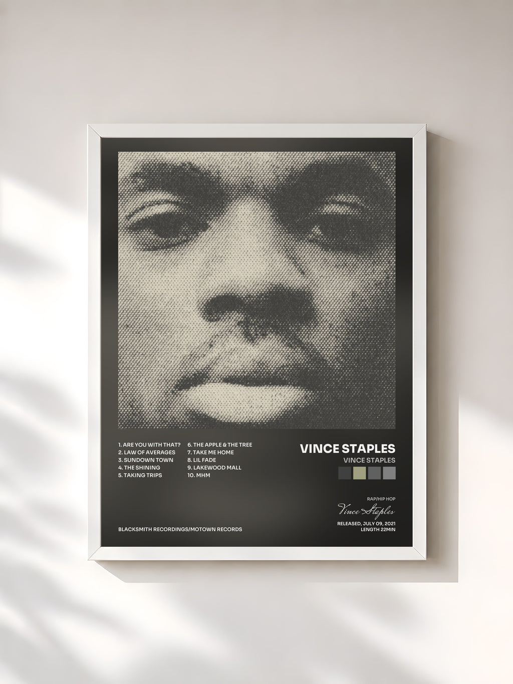 #blanc Tableau de l'album Vince Staples de Vince Staples, cadre blanc, imprimé et encadré en France