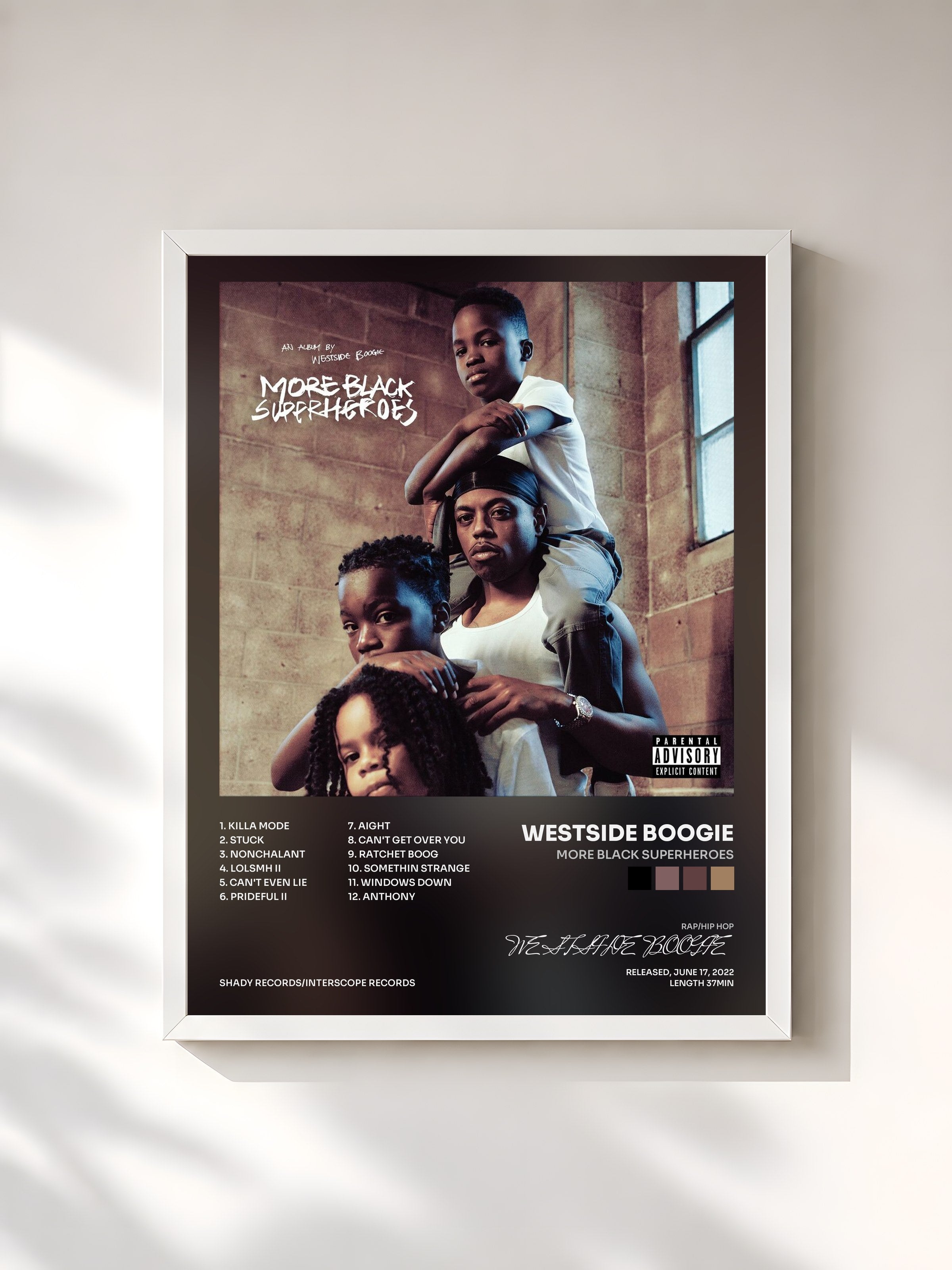 #blanc Tableau de l'album MORE BLACK SUPERHEROES de WESTSIDE BOOGIE, cadre blanc, imprimé et encadré en France