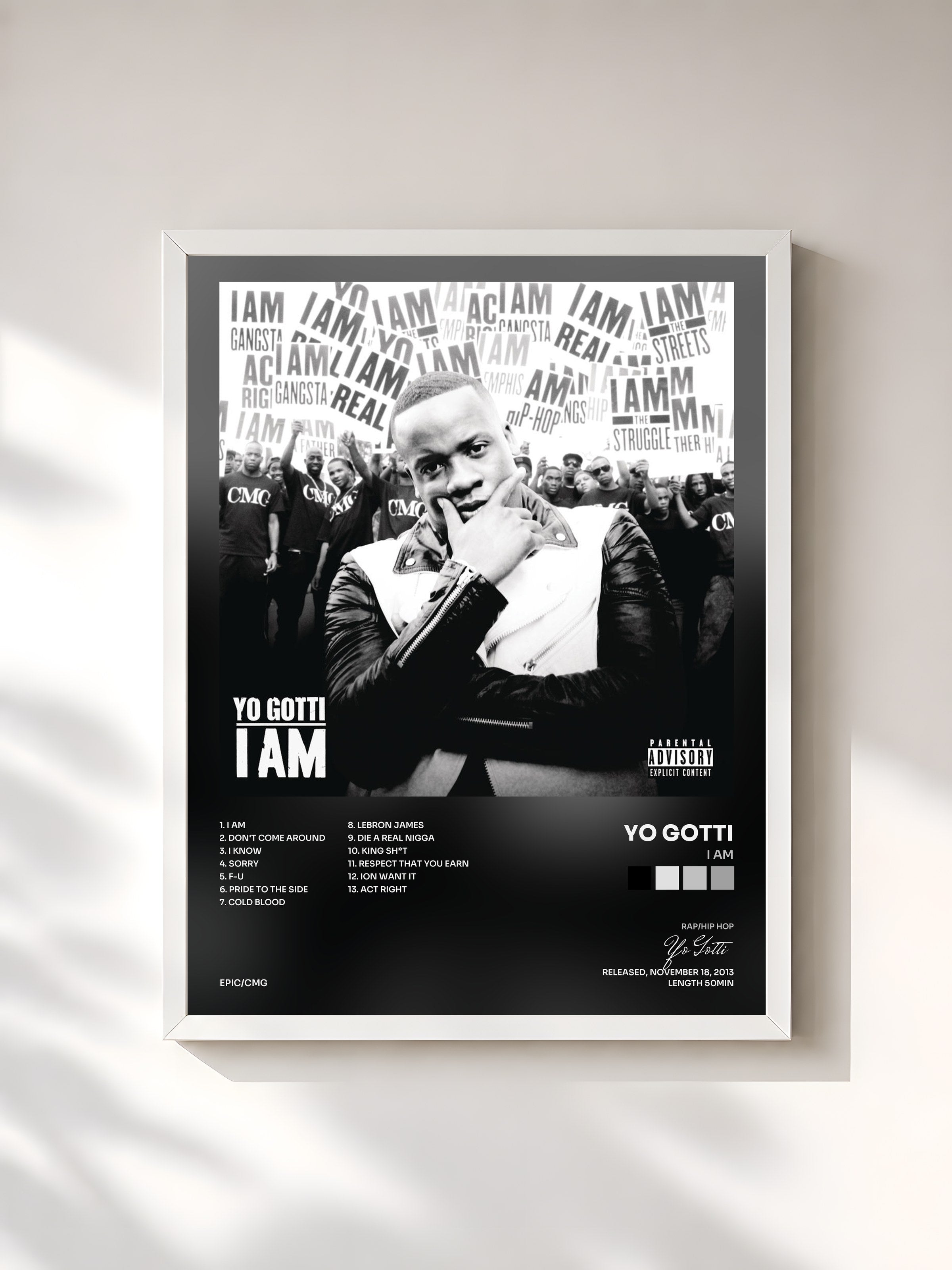 #blanc Tableau de l'album I Am de Yo Gotti, cadre blanc, imprimé et encadré en France