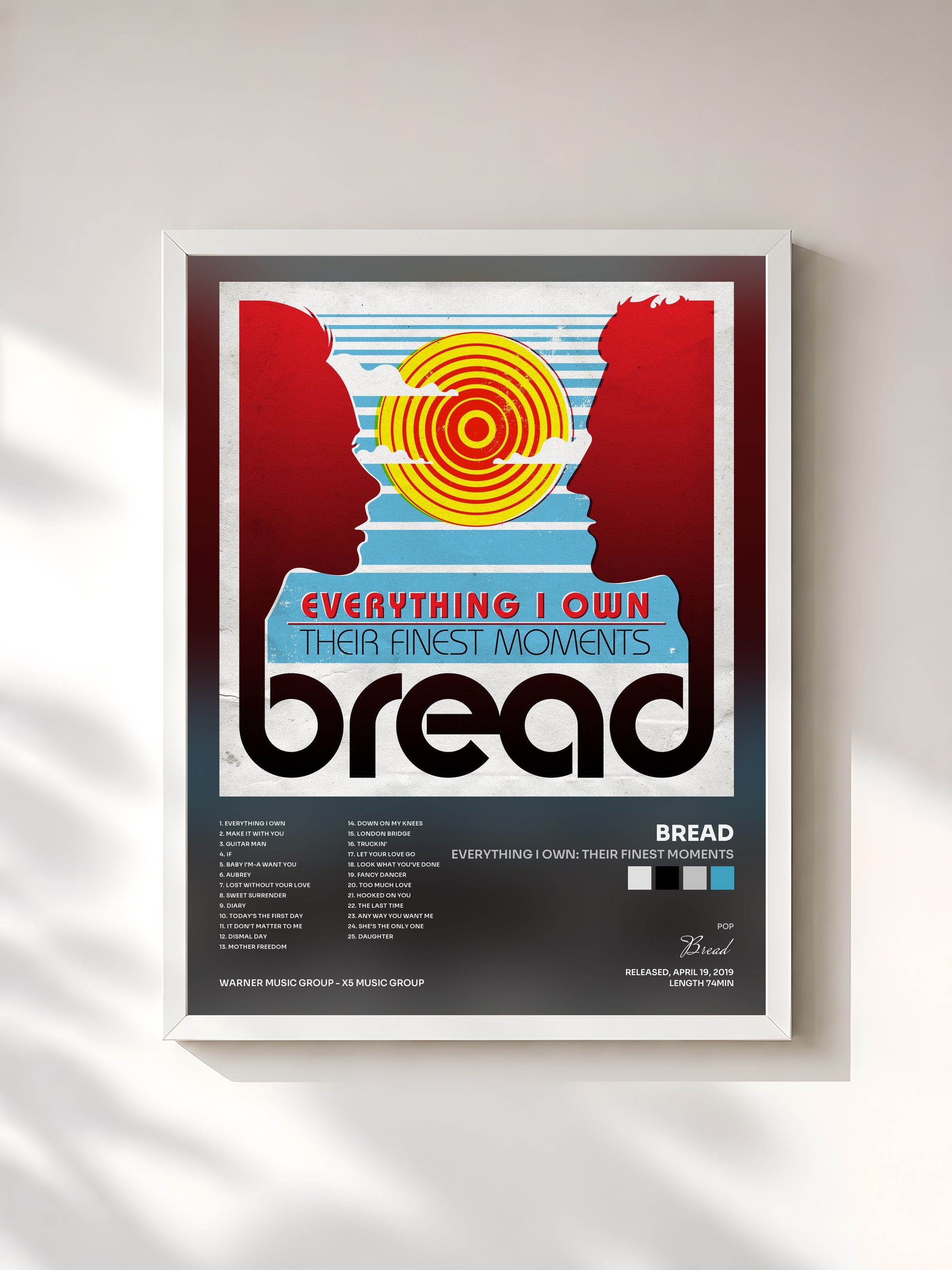 #blanc Tableau de l'album Everything I Own: Their Finest Moments de Bread, cadre blanc, imprimé et encadré en France