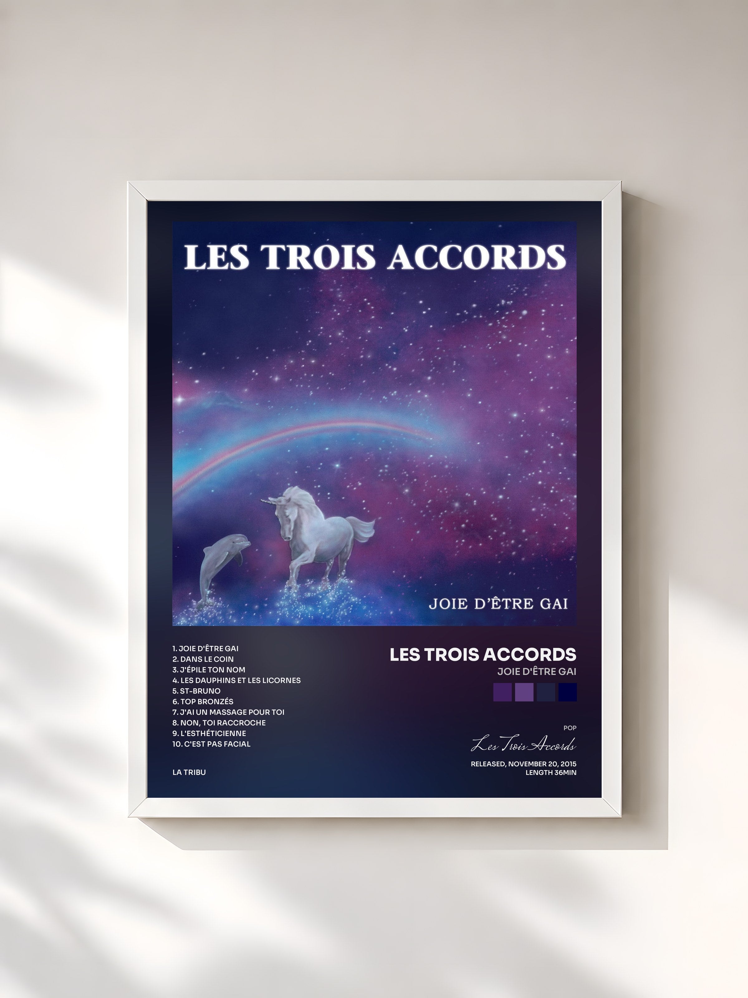 #blanc Tableau de l'album Joie d'être gai de Les Trois Accords, cadre blanc, imprimé et encadré en France