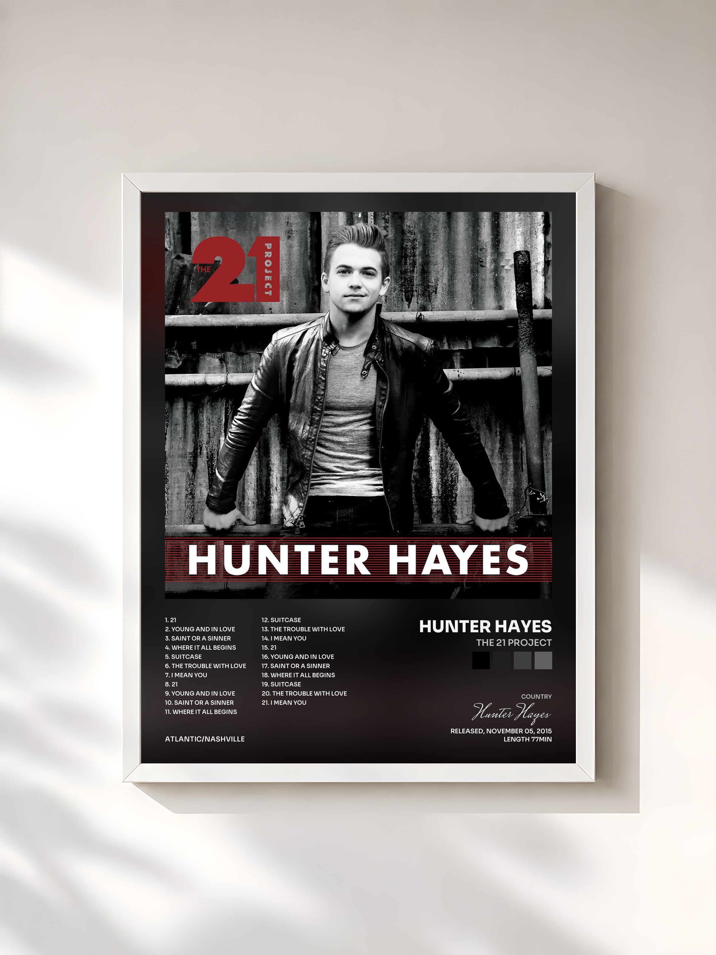 #blanc Tableau de l'album The 21 Project de Hunter Hayes, cadre blanc, imprimé et encadré en France