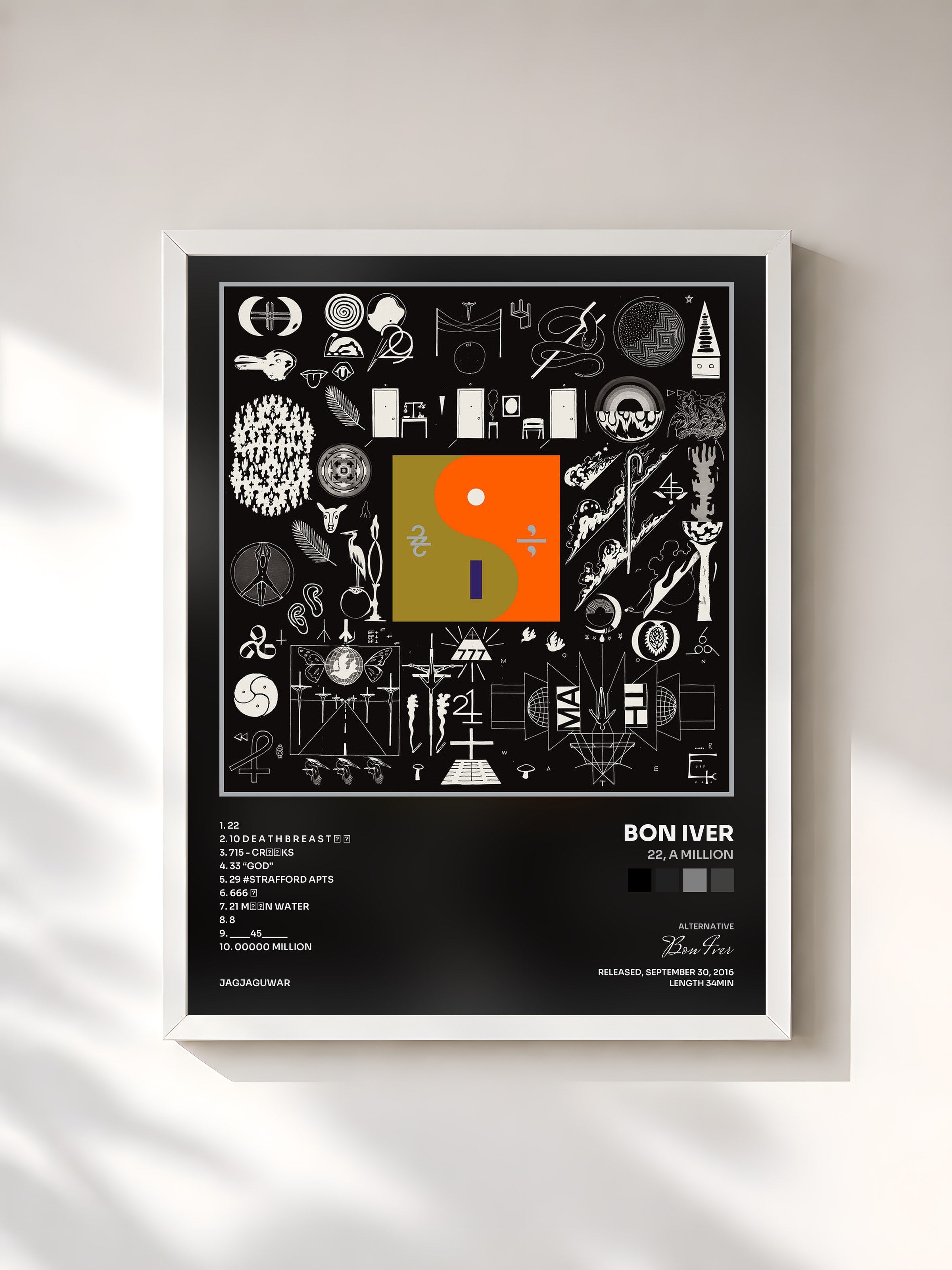 #blanc Tableau de l'album 22, A Million de Bon Iver, cadre blanc, imprimé et encadré en France